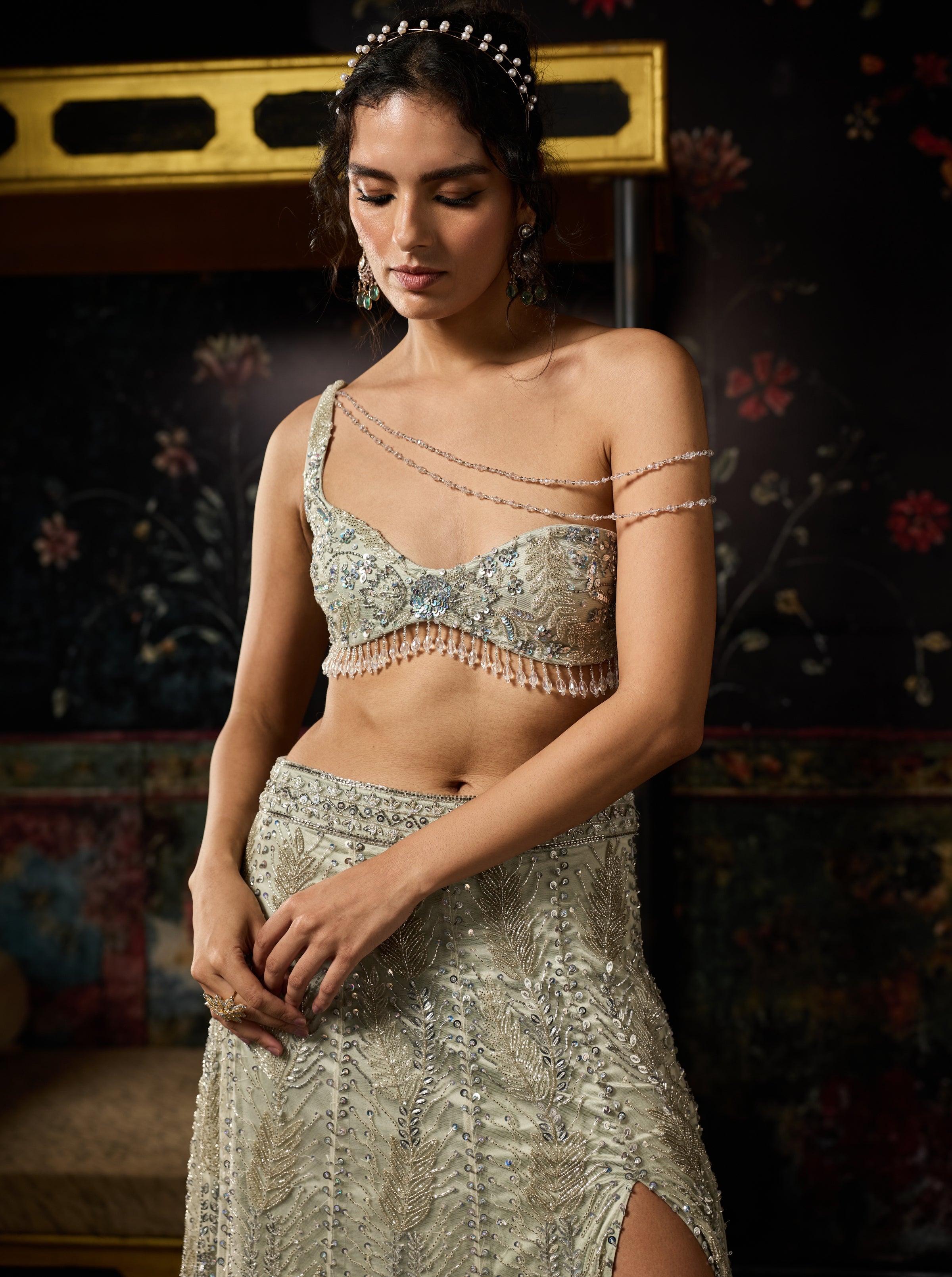 Silver Fully Embellished Asymmetrical Slit Skirt Set