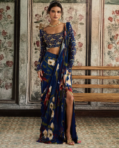 Blue Floral Printed Slit Skirt Sari Set