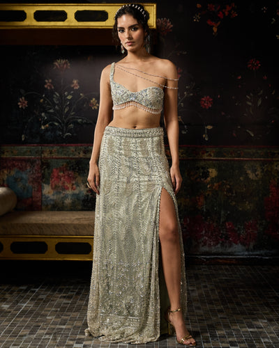 Silver Fully Embellished Asymmetrical Slit Skirt Set