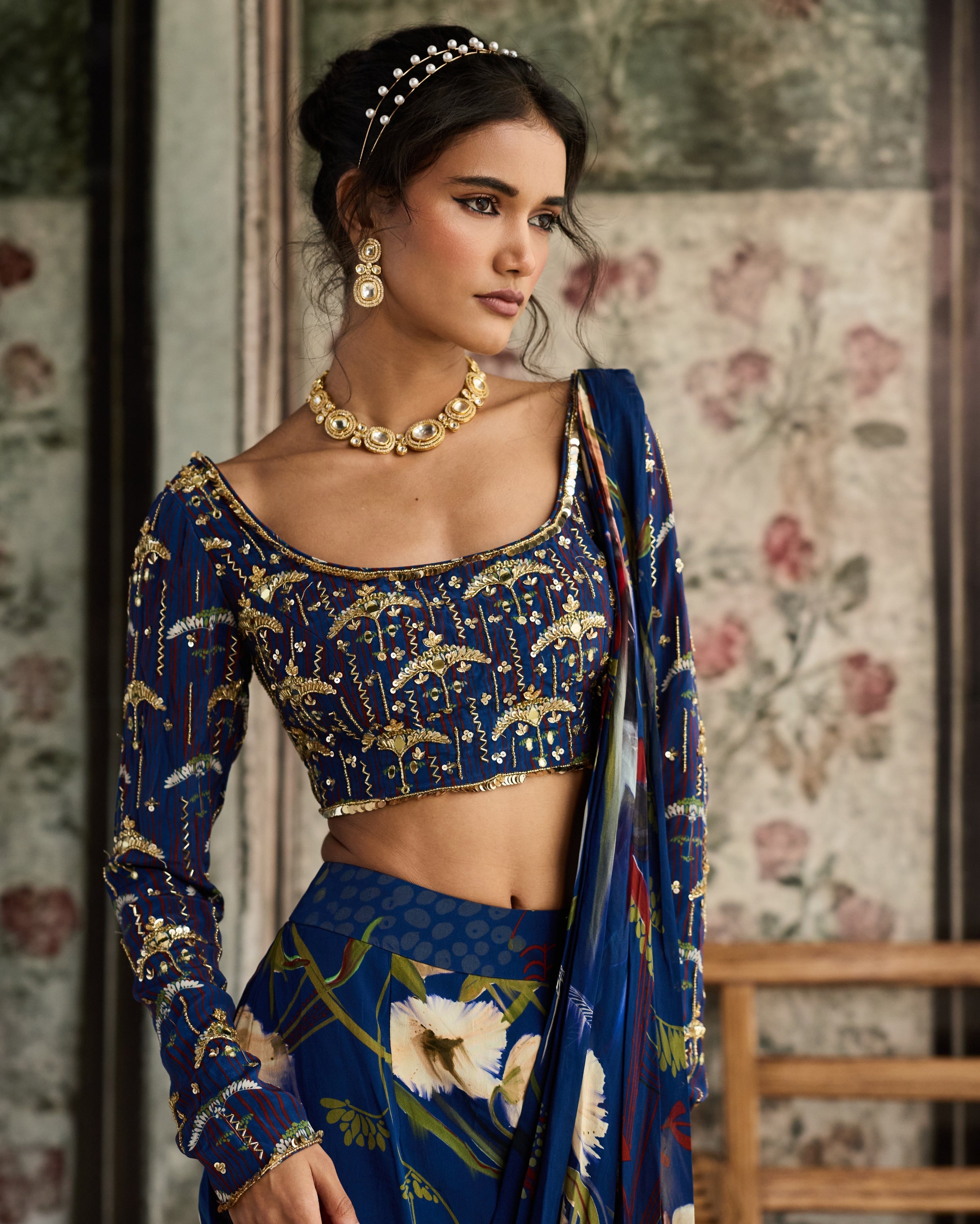 Blue Floral Printed Slit Skirt Sari Set