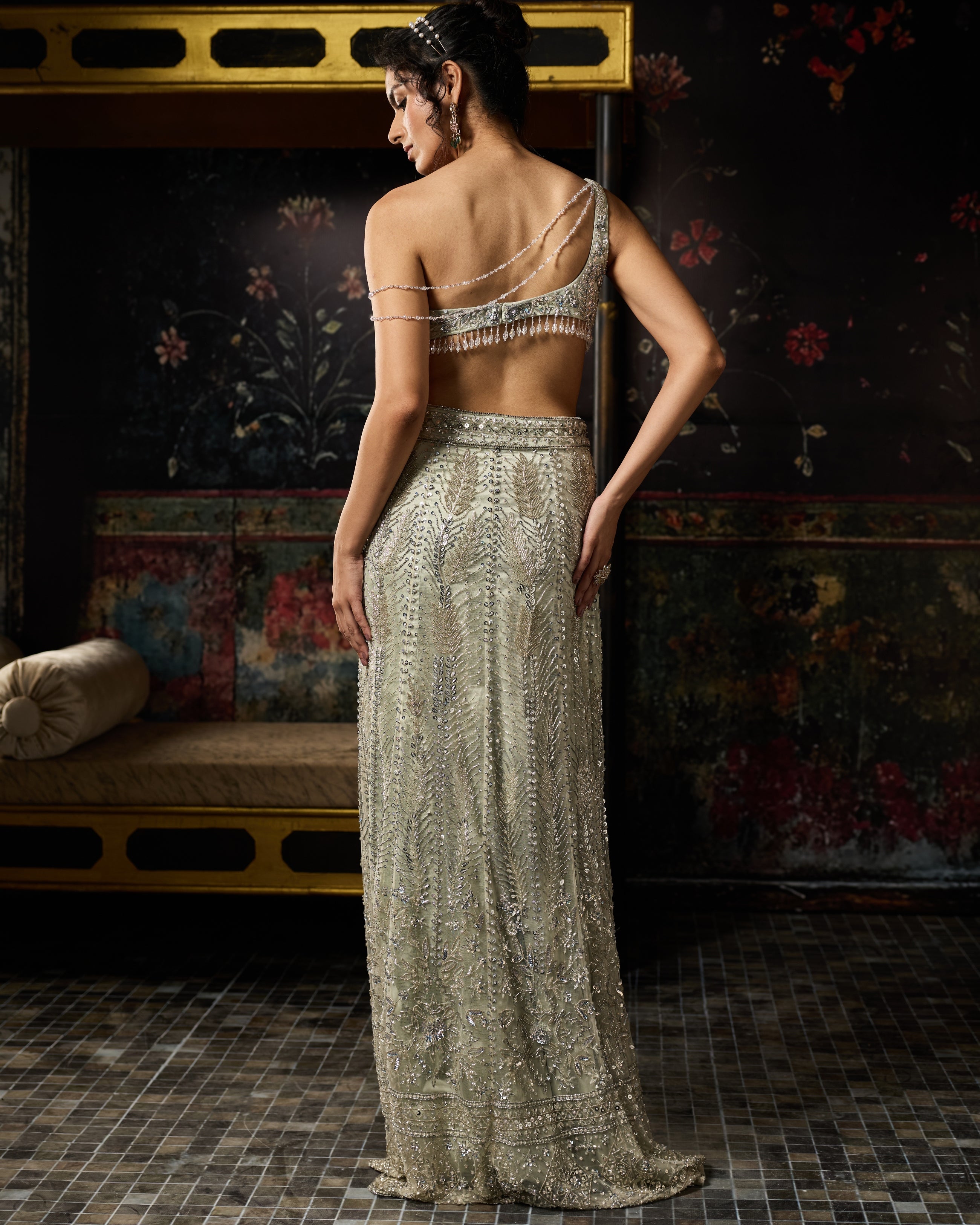 Silver Fully Embellished Asymmetrical Slit Skirt Set