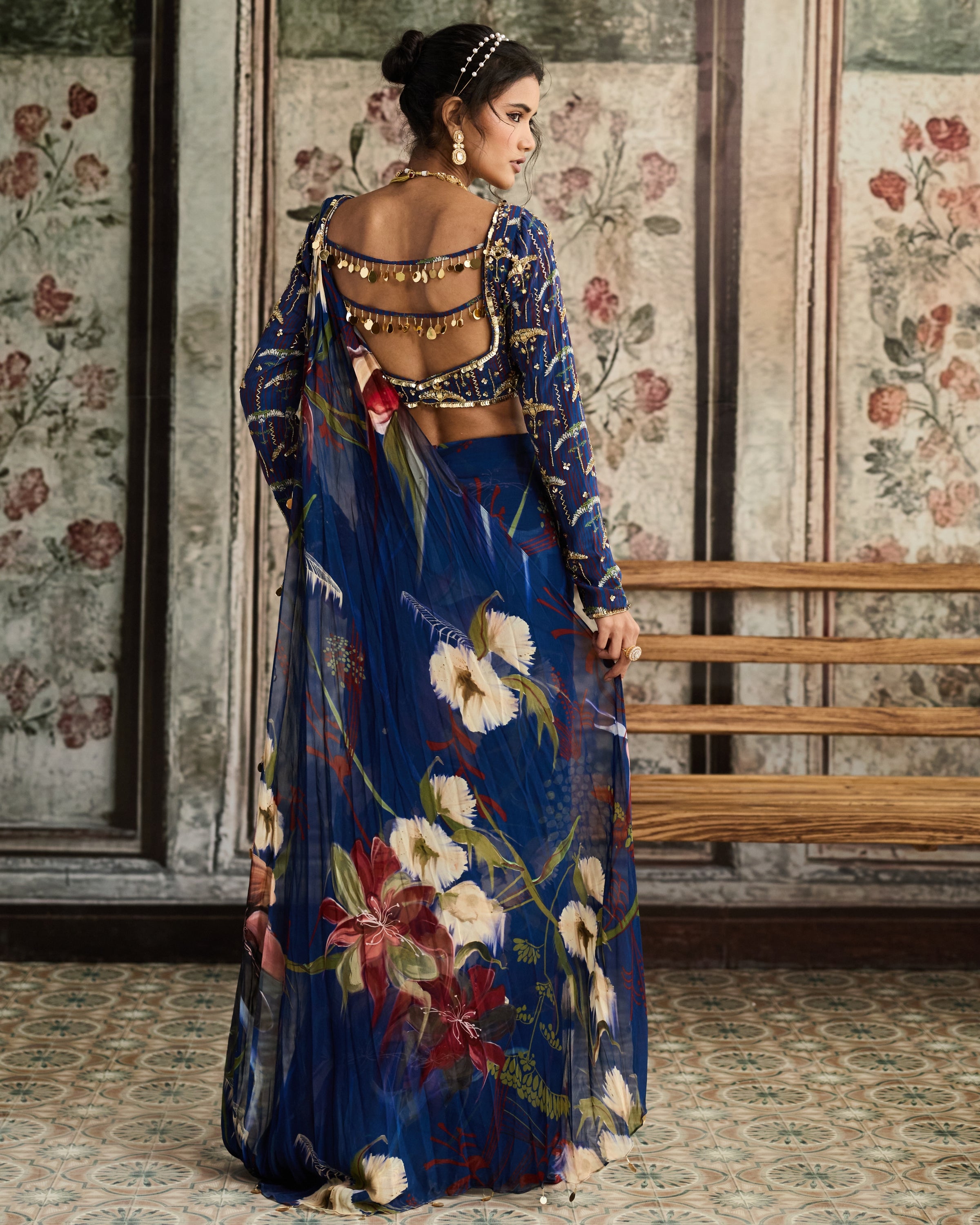 Blue Floral Printed Slit Skirt Sari Set