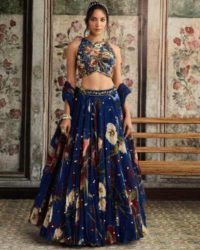 Blue Floral Print And Highlighted Lehenga Set