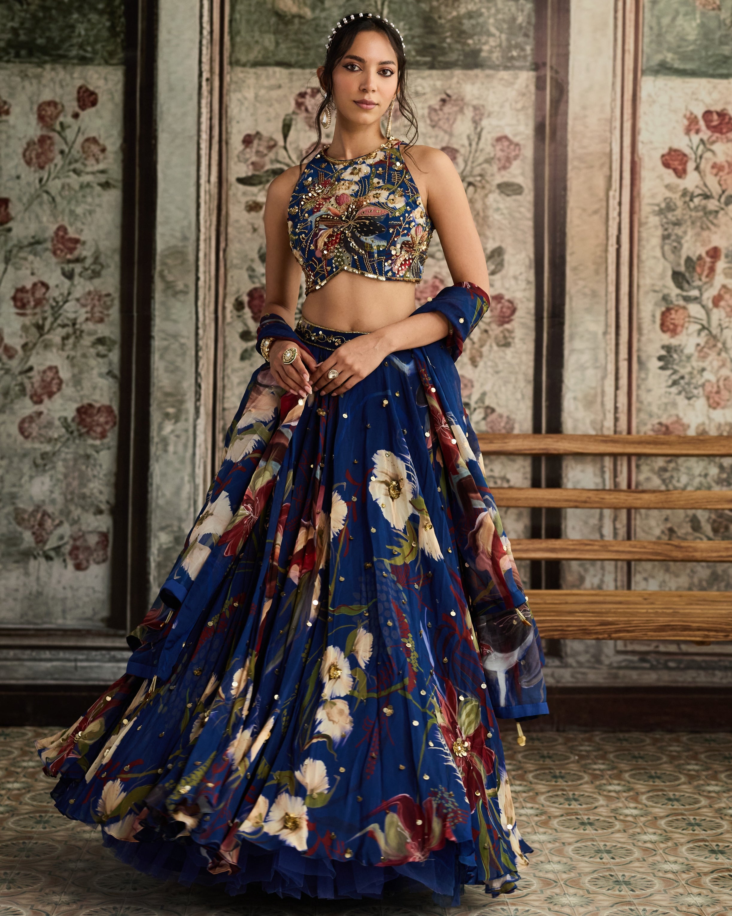 Blue Floral Print And Highlighted Lehenga Set