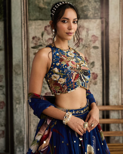 Blue Floral Print And Highlighted Lehenga Set