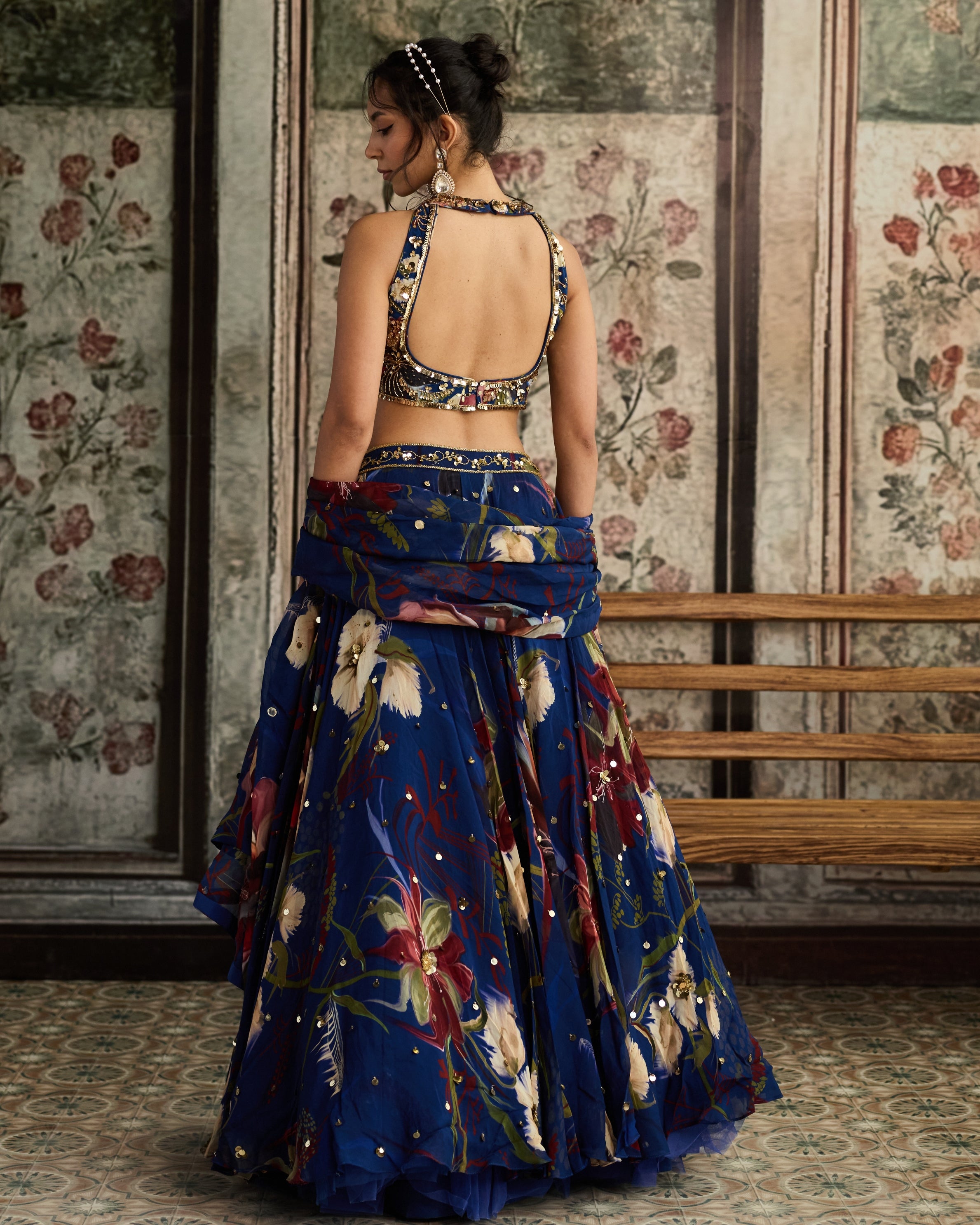 Blue Floral Print And Highlighted Lehenga Set
