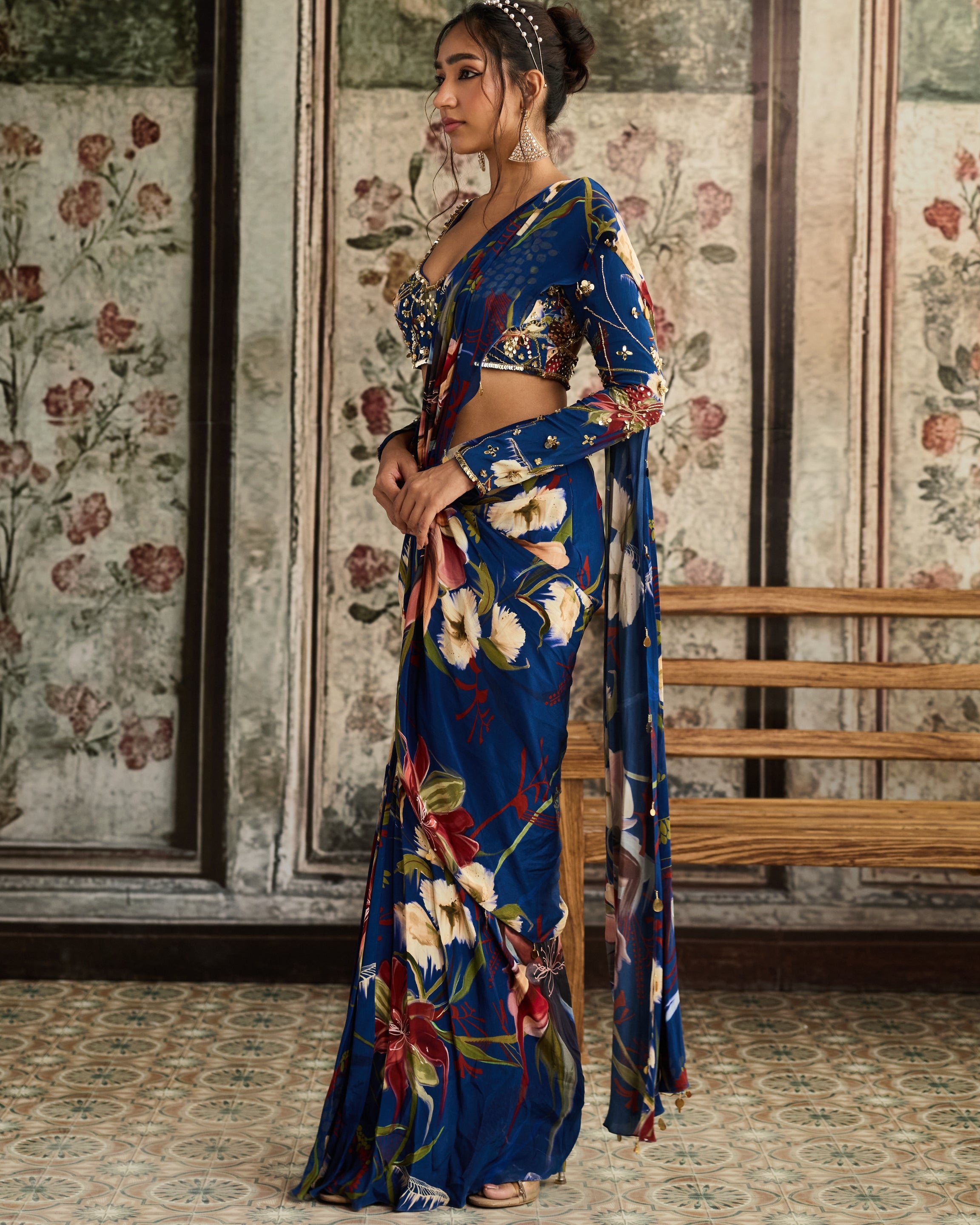 Blue Floral Printed Blouse Set