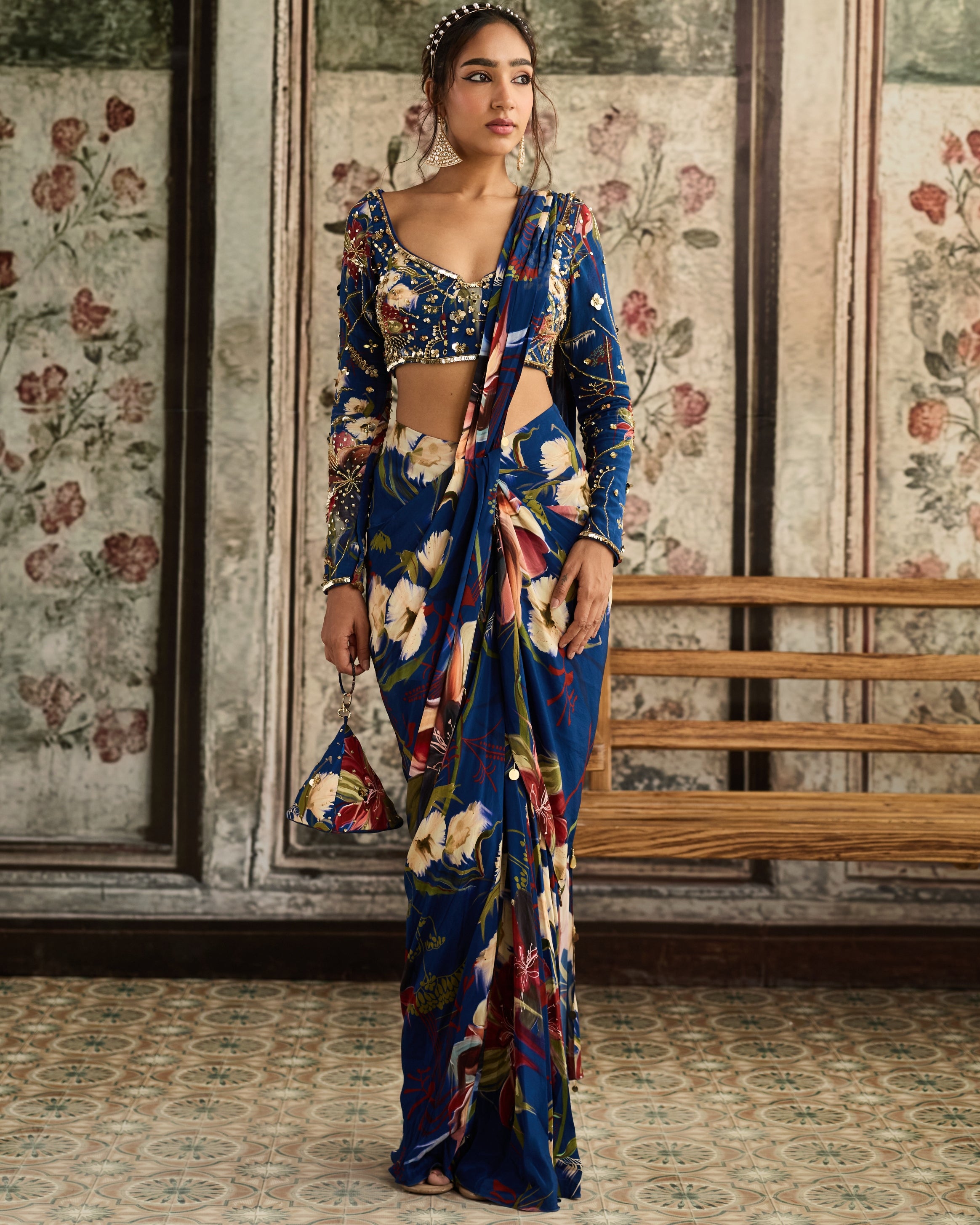 Blue Floral Printed Blouse Set