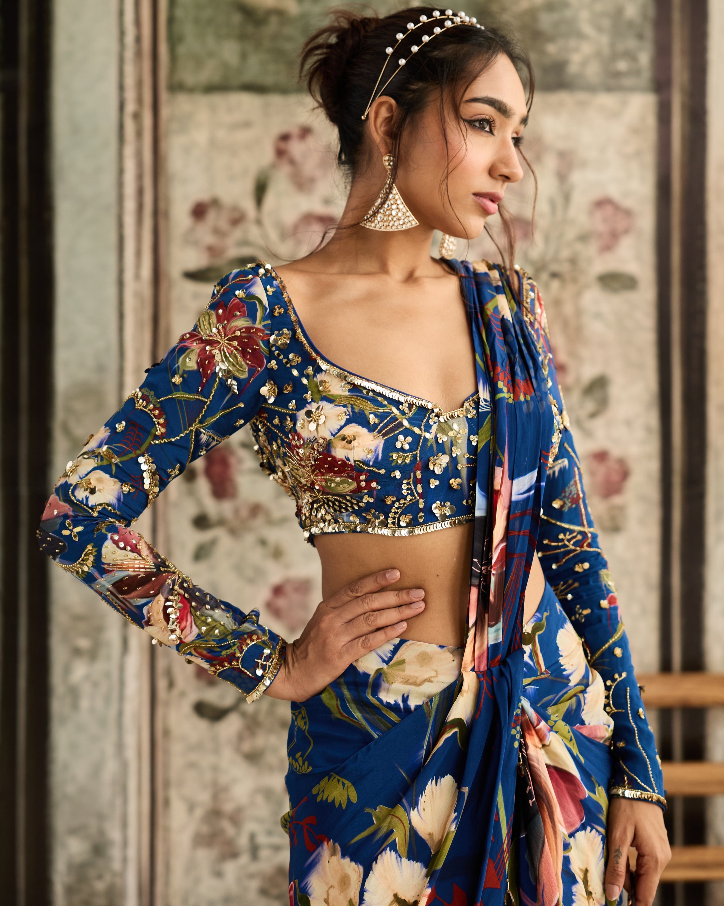 Blue Floral Printed Blouse Set