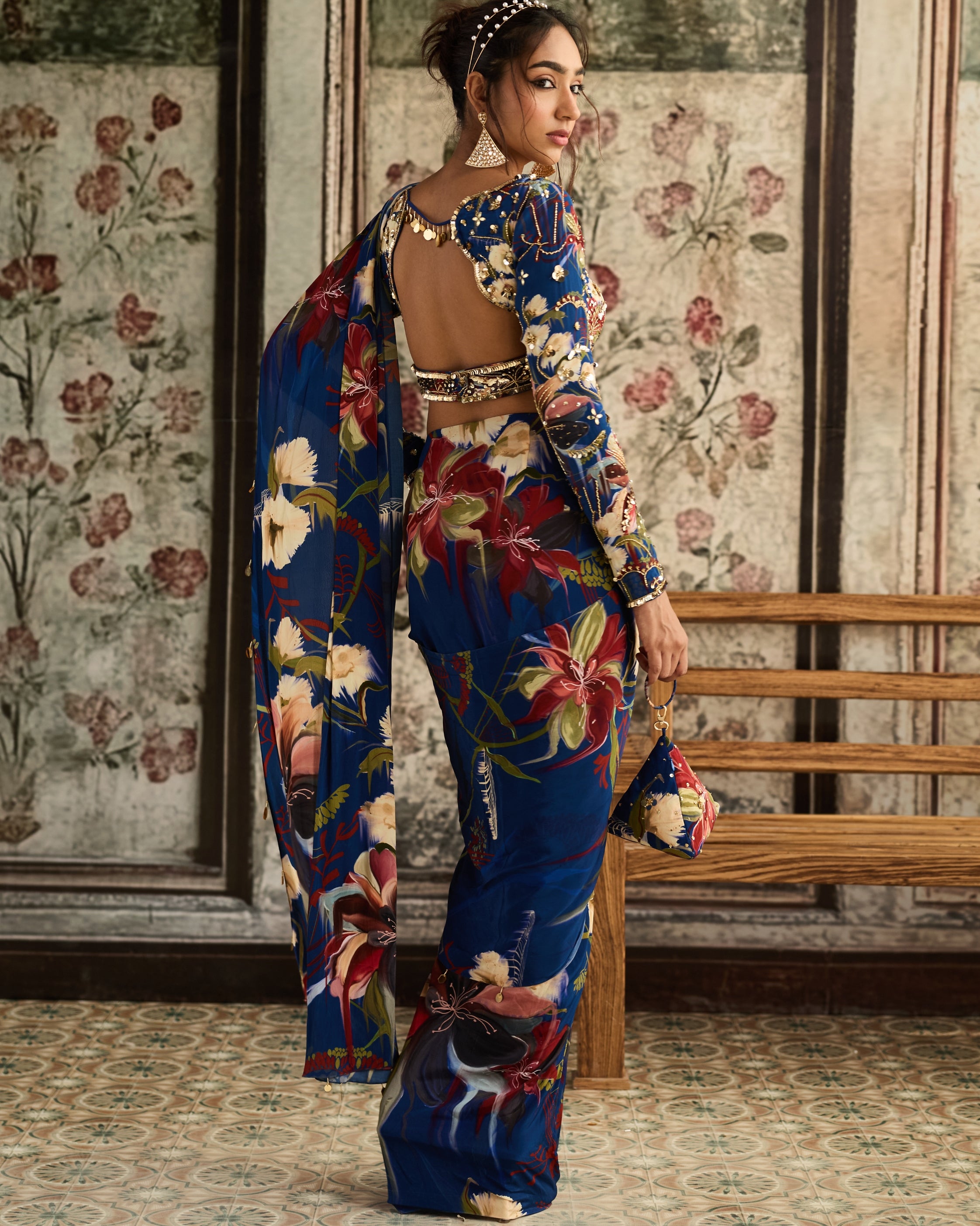 Blue Floral Printed Blouse Set