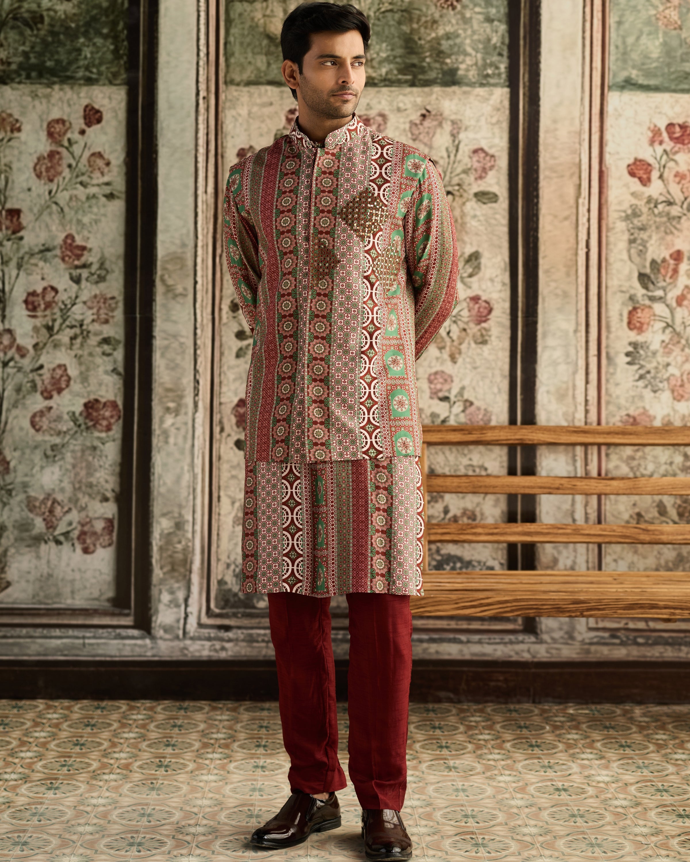 Sage & Maroon Print Kurta & Pants Set