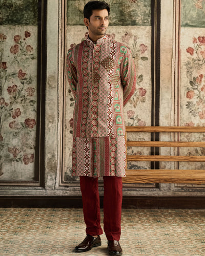 Sage & Maroon Print Kurta & Pants Set