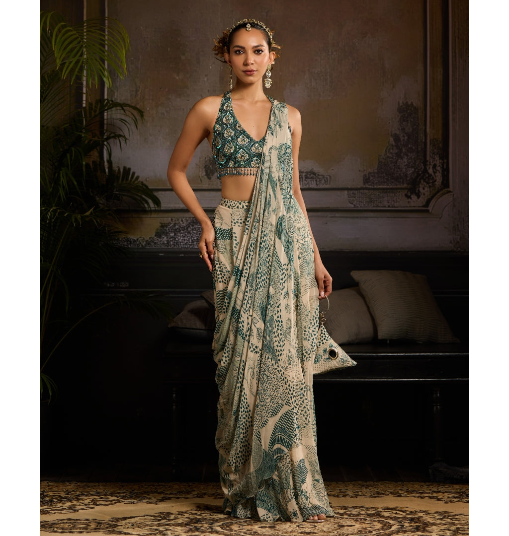 Teal Leaf Highlighted Skirt Sari Set