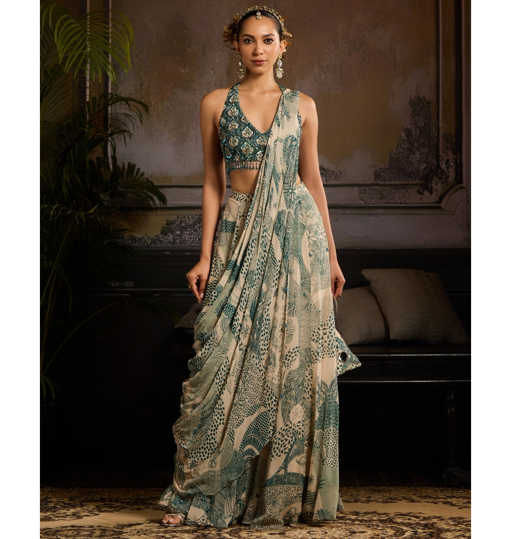 Teal Leaf Highlighted Skirt Sari Set