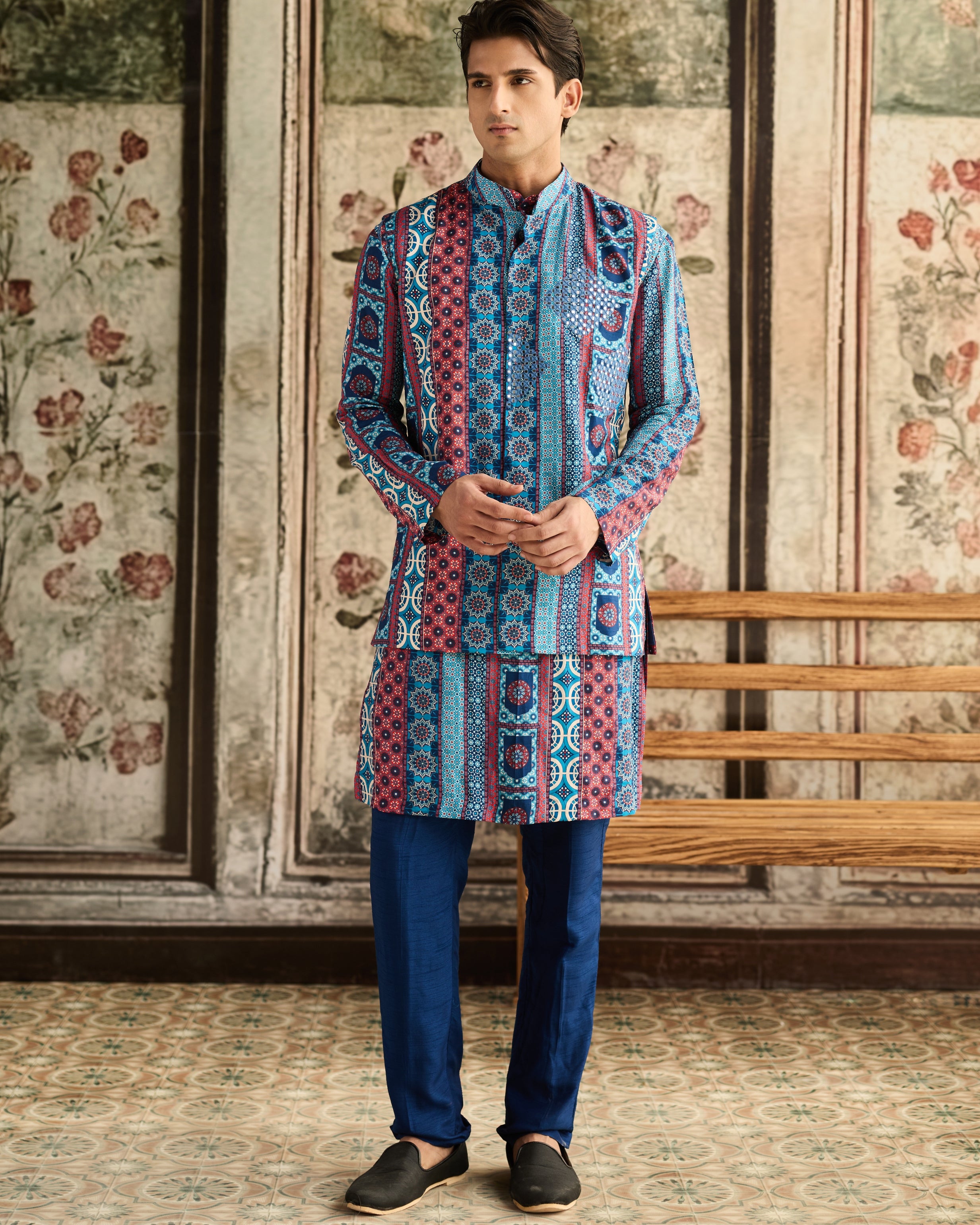 Blue Print Kurta And Pants Set