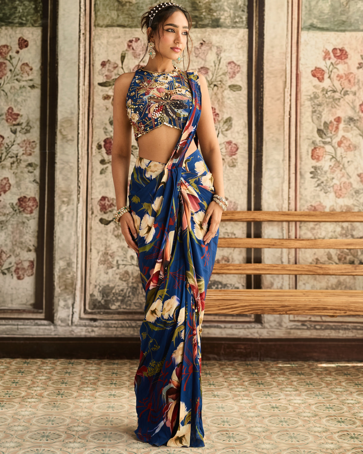 Blue Floral Printed Skirt Sari Set