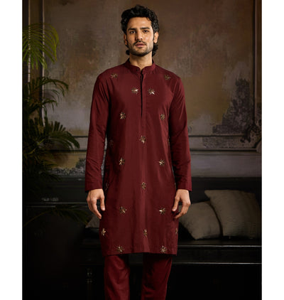 Maroon & Mix Material Floral Butta Kurta Paired With Maroon Pants
