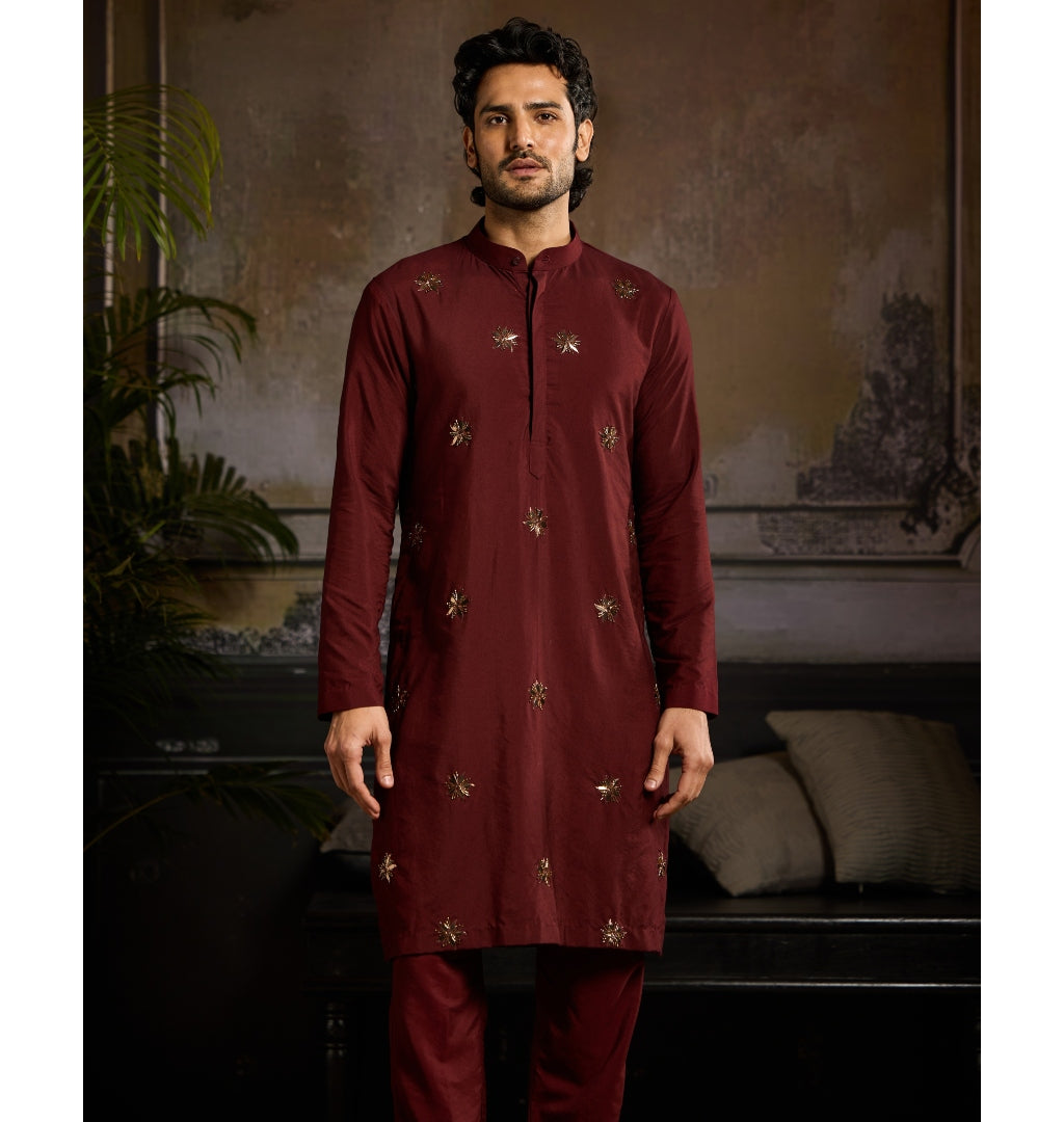 Maroon & Mix Material Floral Butta Kurta Paired With Maroon Pants