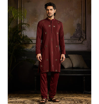 Maroon & Mix Material Floral Butta Kurta Paired With Maroon Pants