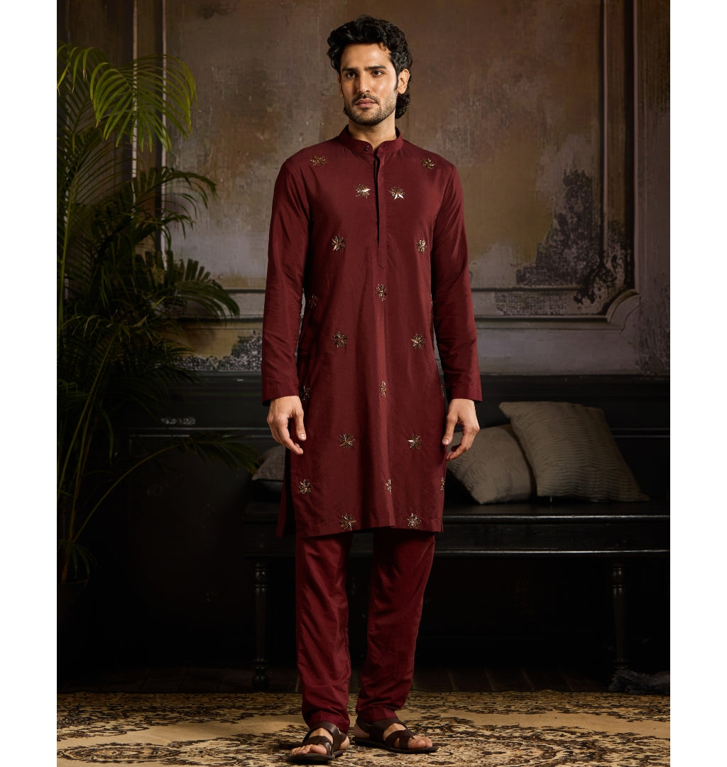 Maroon & Mix Material Floral Butta Kurta Paired With Maroon Pants