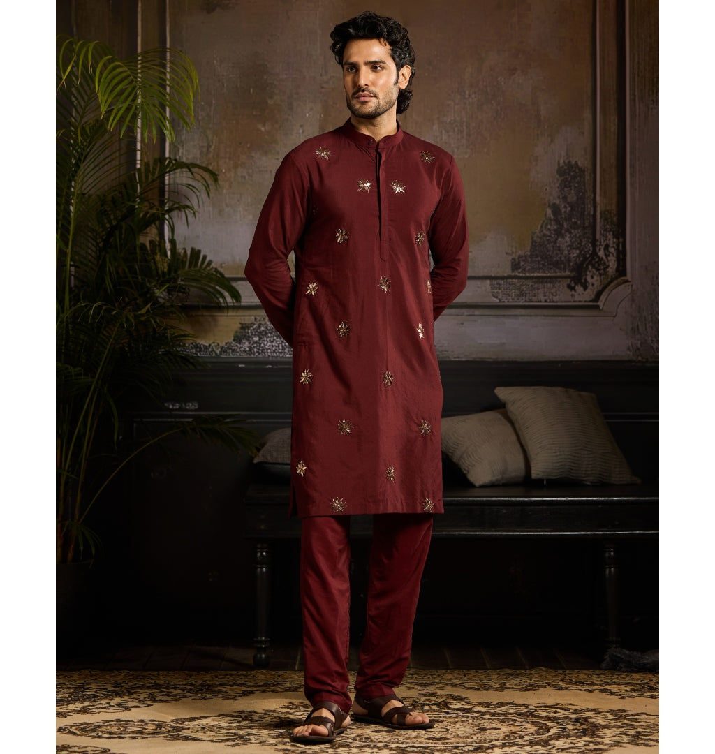 Maroon & Mix Material Floral Butta Kurta Paired With Maroon Pants