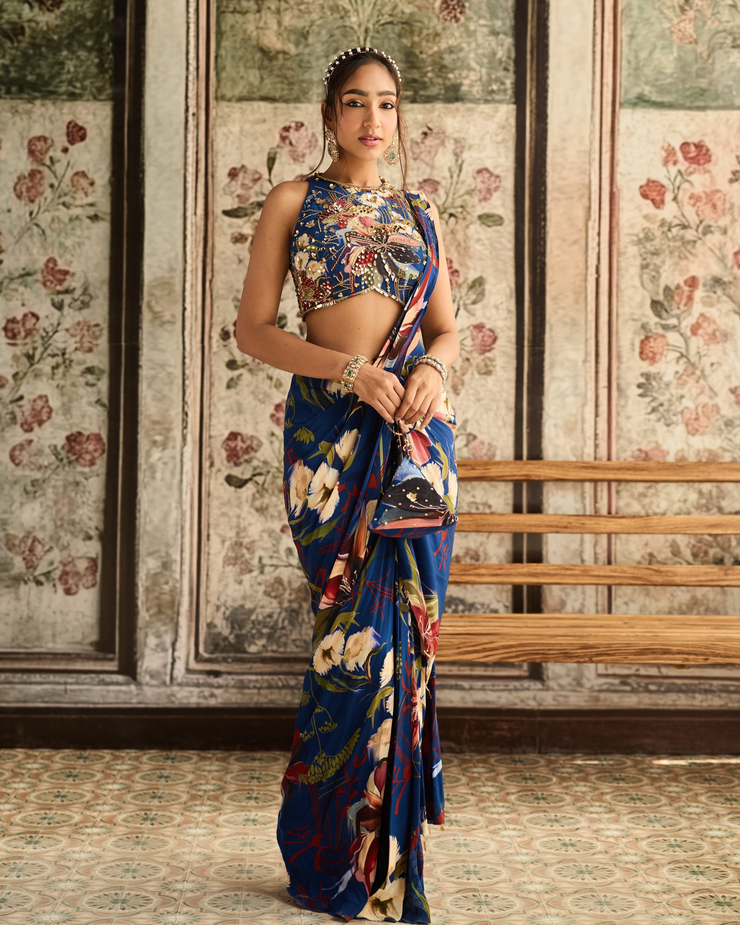 Blue Floral Printed Skirt Sari Set