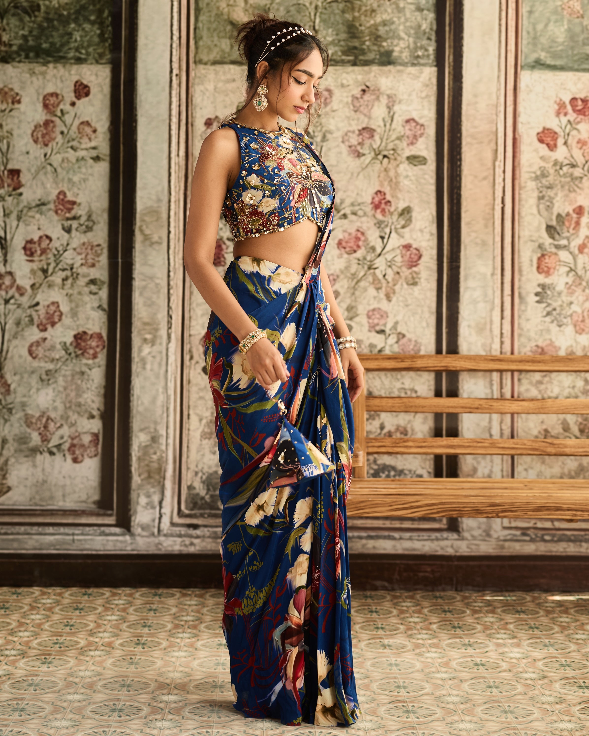 Blue Floral Printed Skirt Sari Set