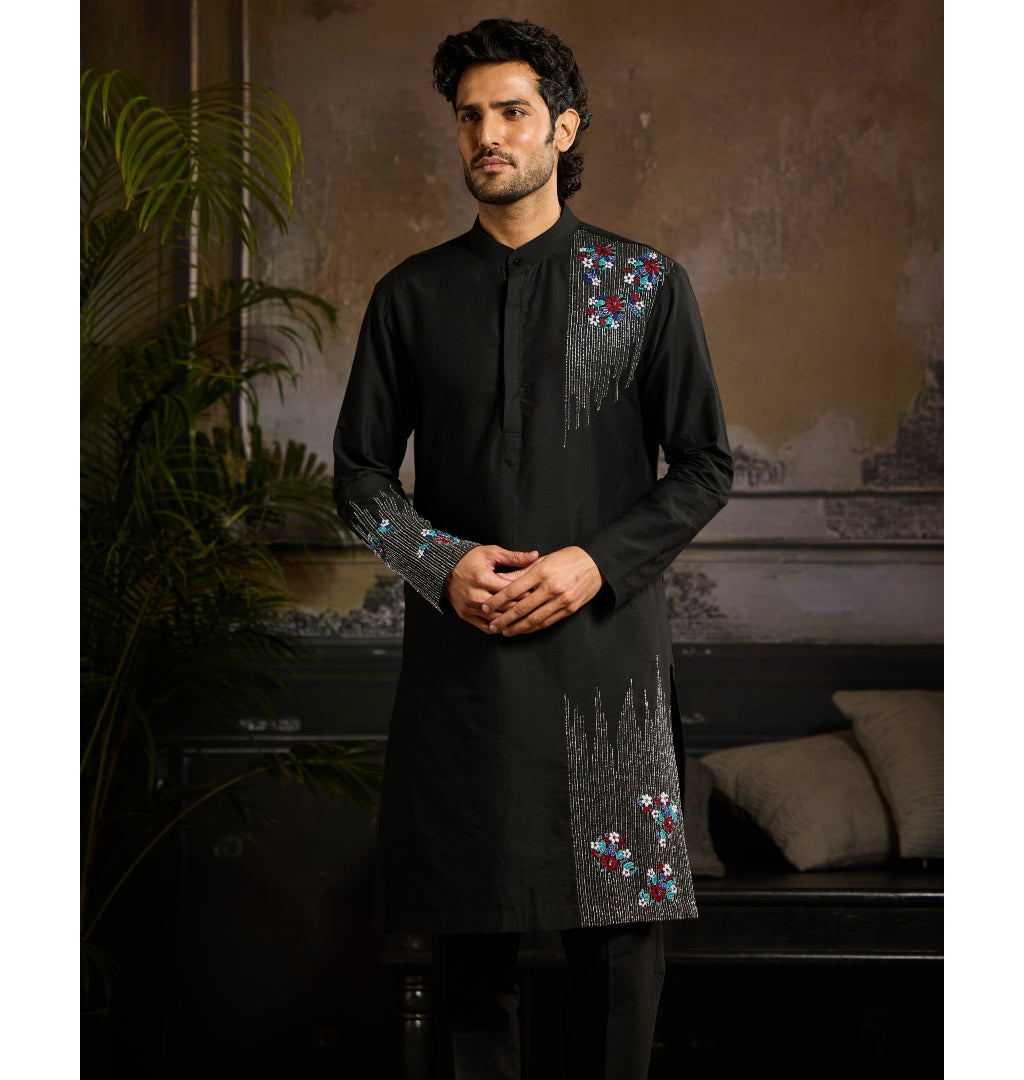 Black With Silver & Colorful Floral Motif Kurta Paired With Black Pants