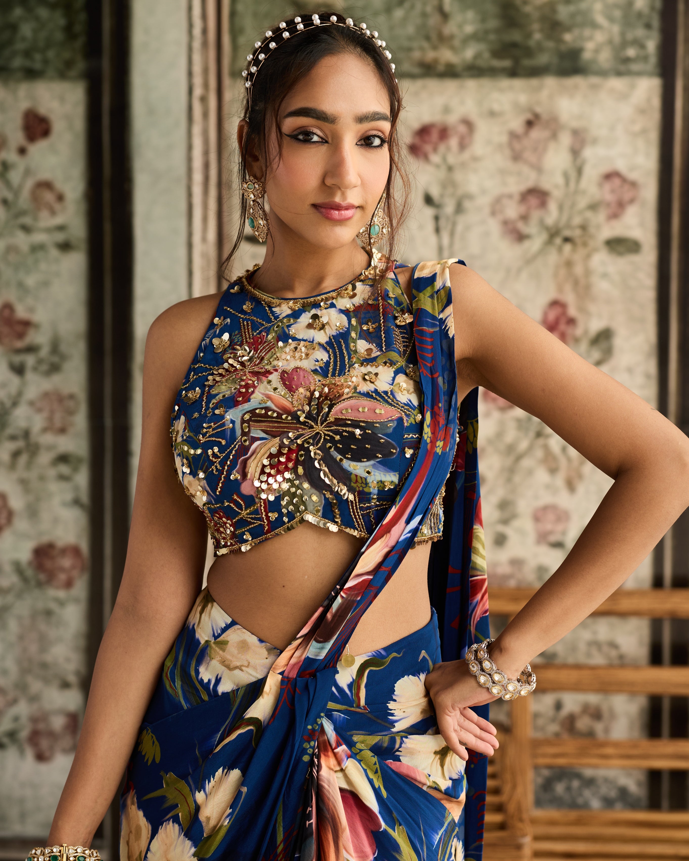 Blue Floral Printed Skirt Sari Set