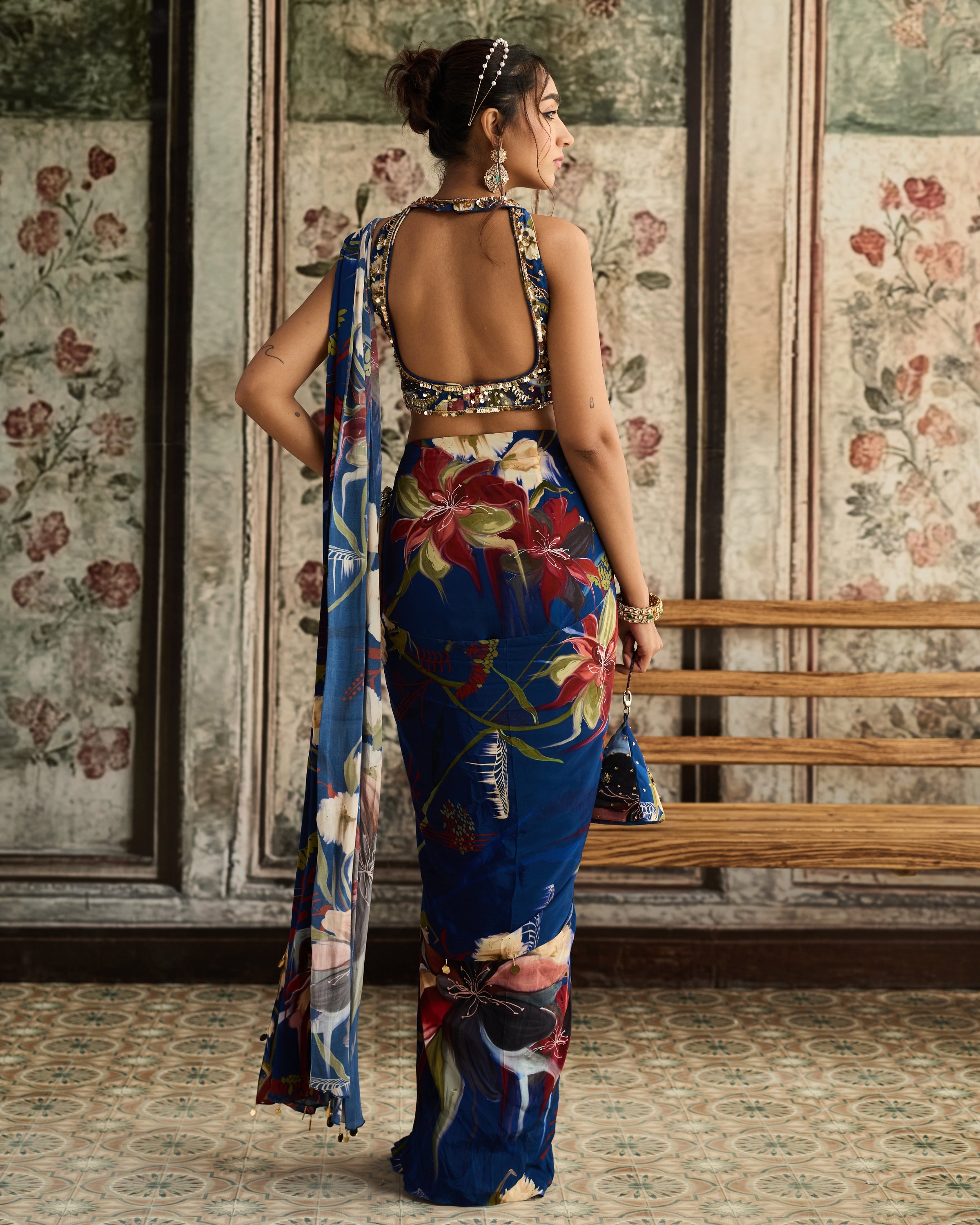 Blue Floral Printed Skirt Sari Set