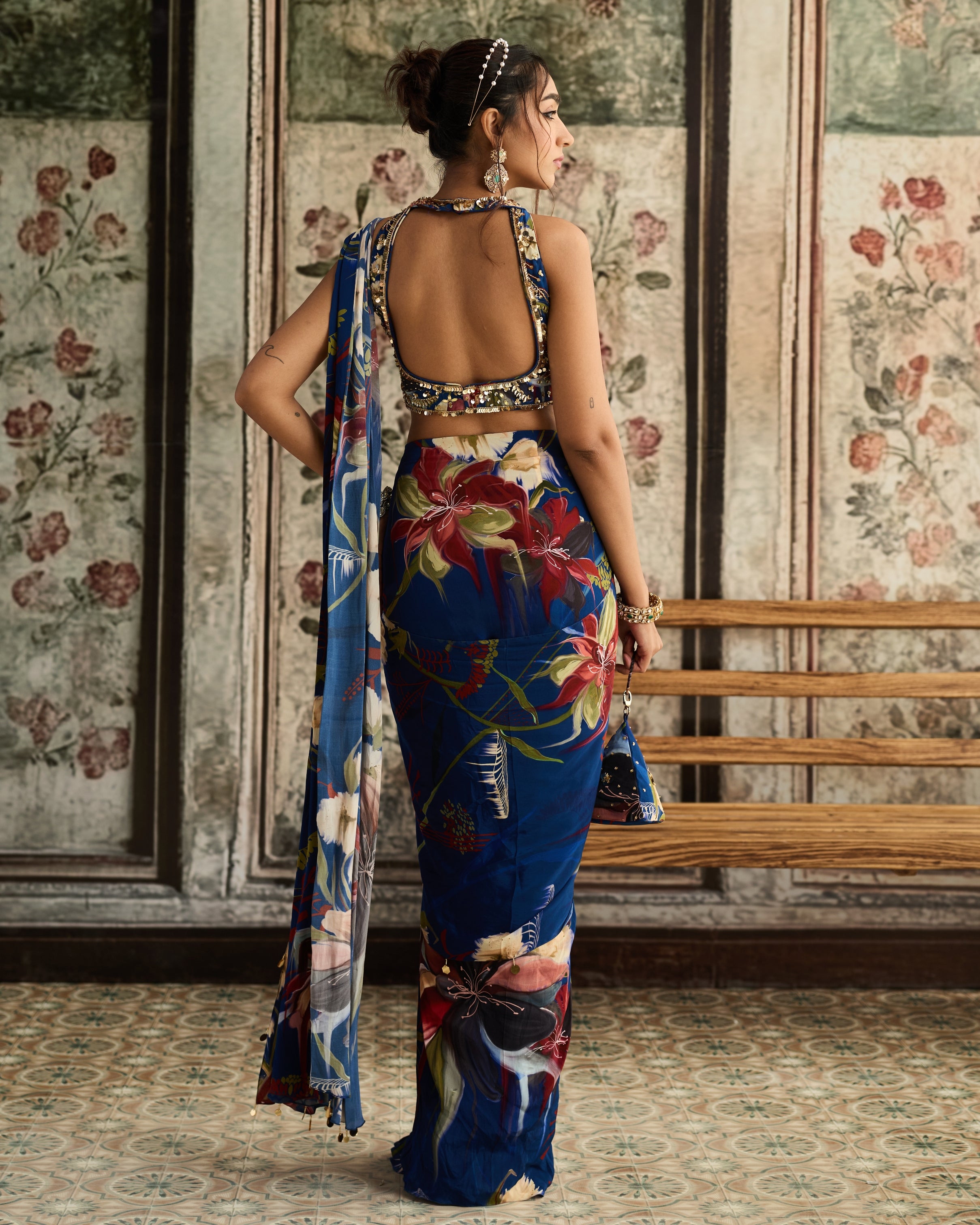 Blue Floral Printed Skirt Sari Set
