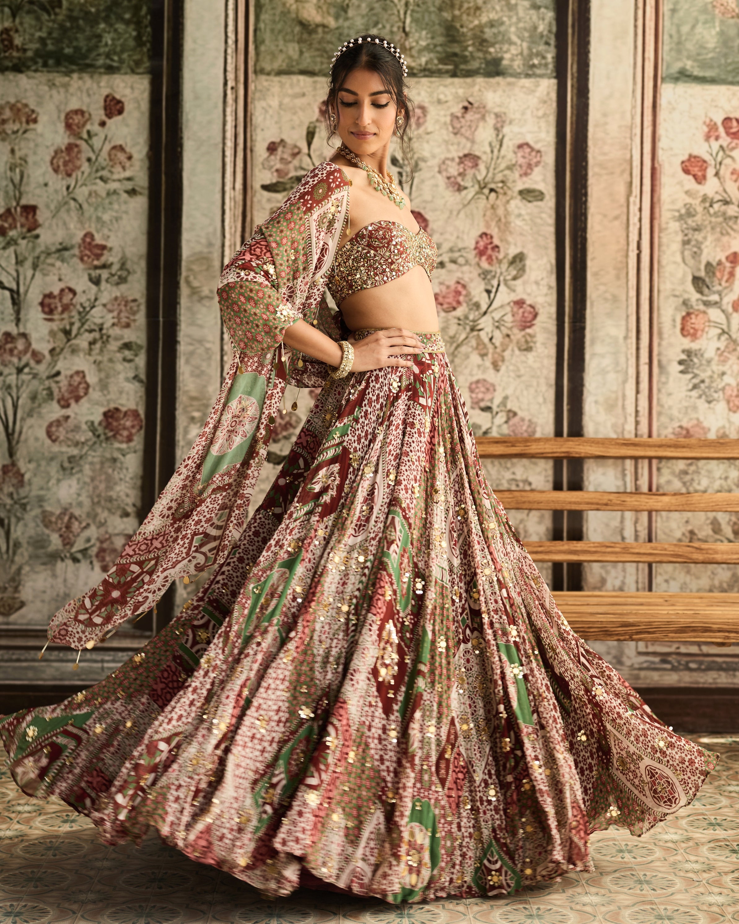 Sage-Maroon Print Lehenga Set