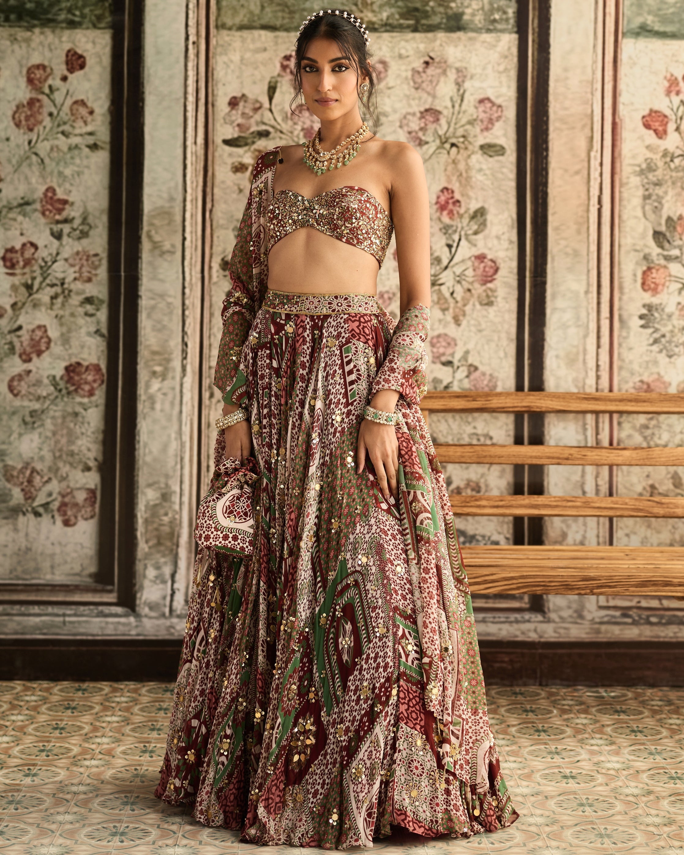 Sage-Maroon Print Lehenga Set