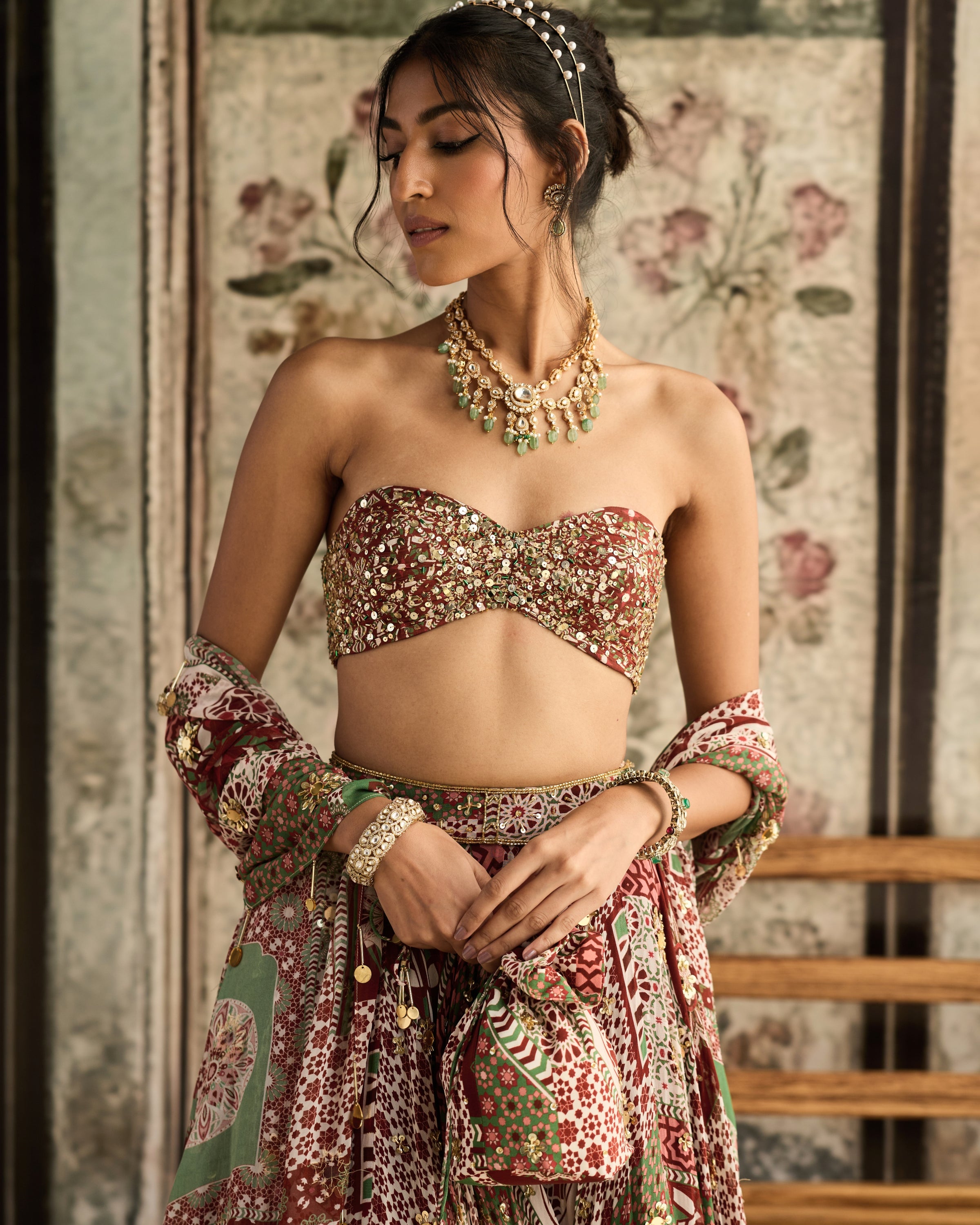 Sage-Maroon Print Lehenga Set