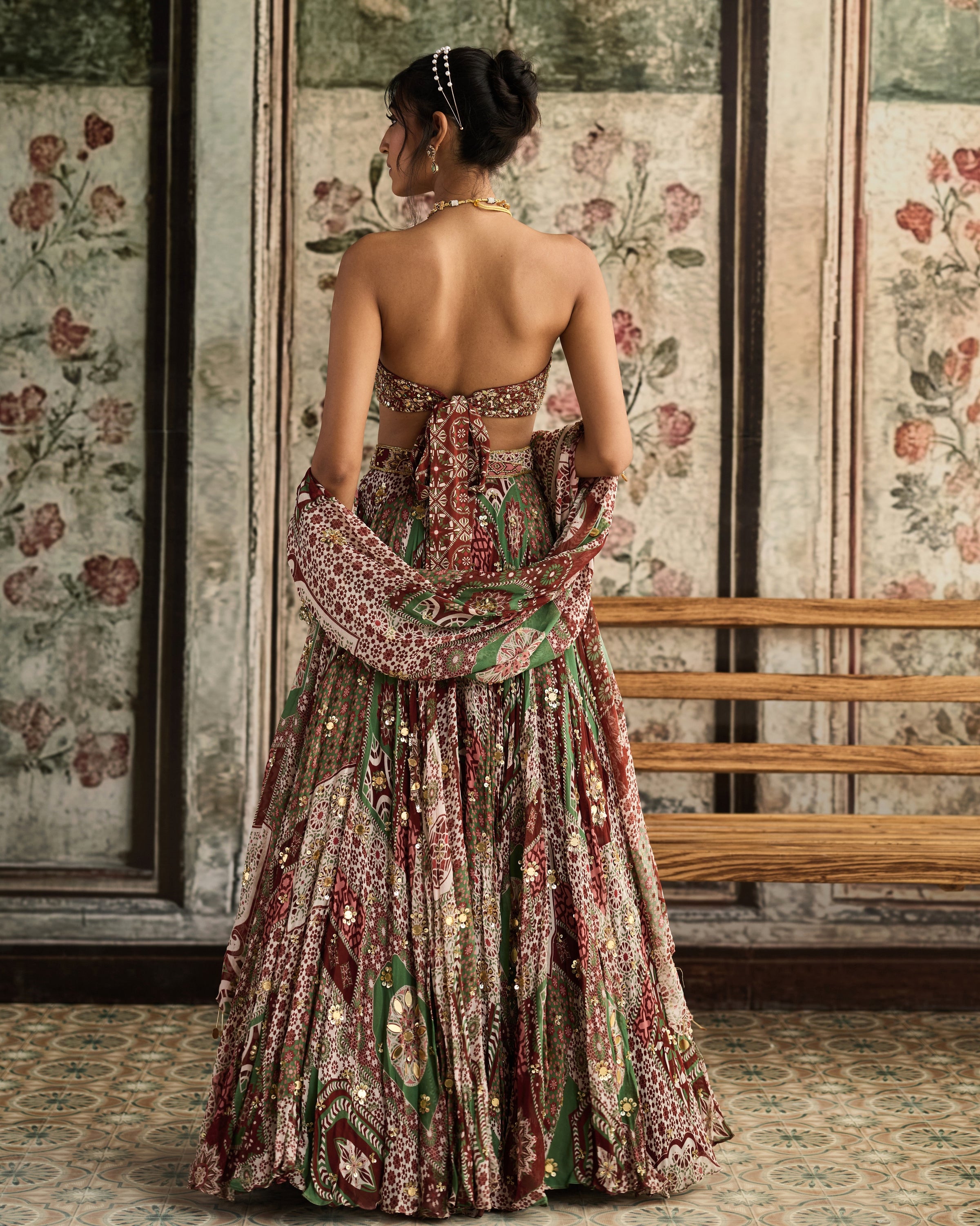 Sage-Maroon Print Lehenga Set