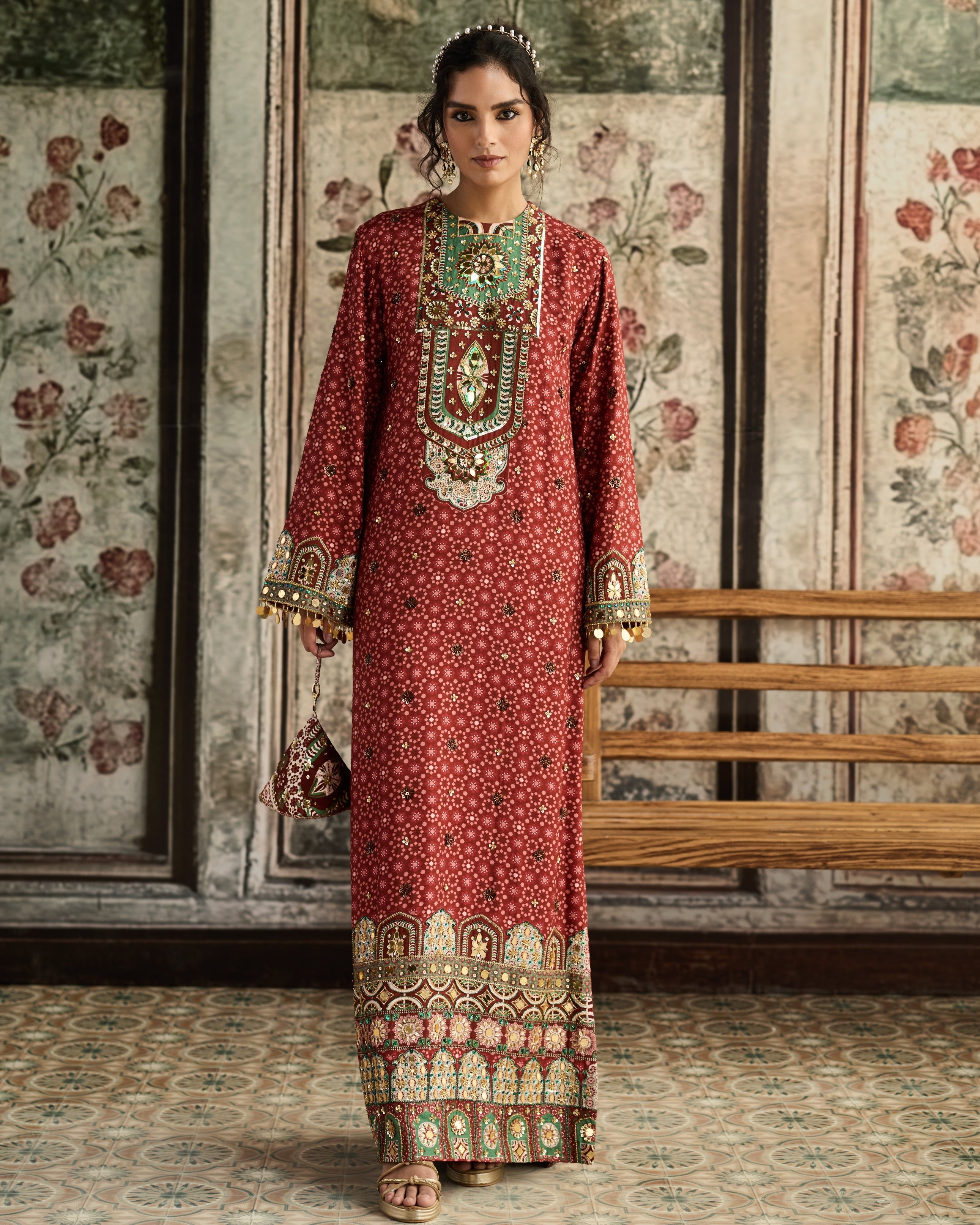 Sage-Maroon Print Kaftan