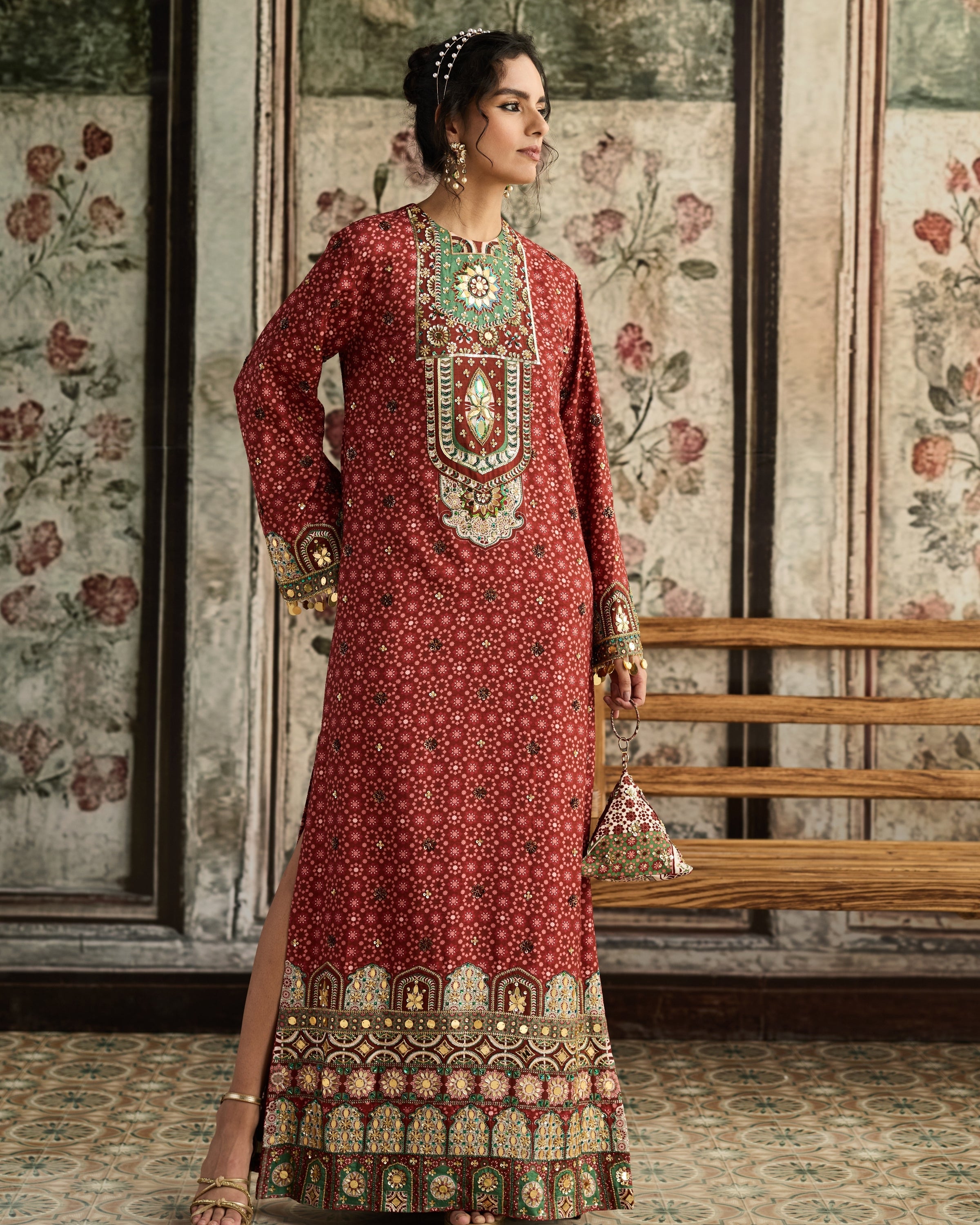 Sage-Maroon Print Kaftan