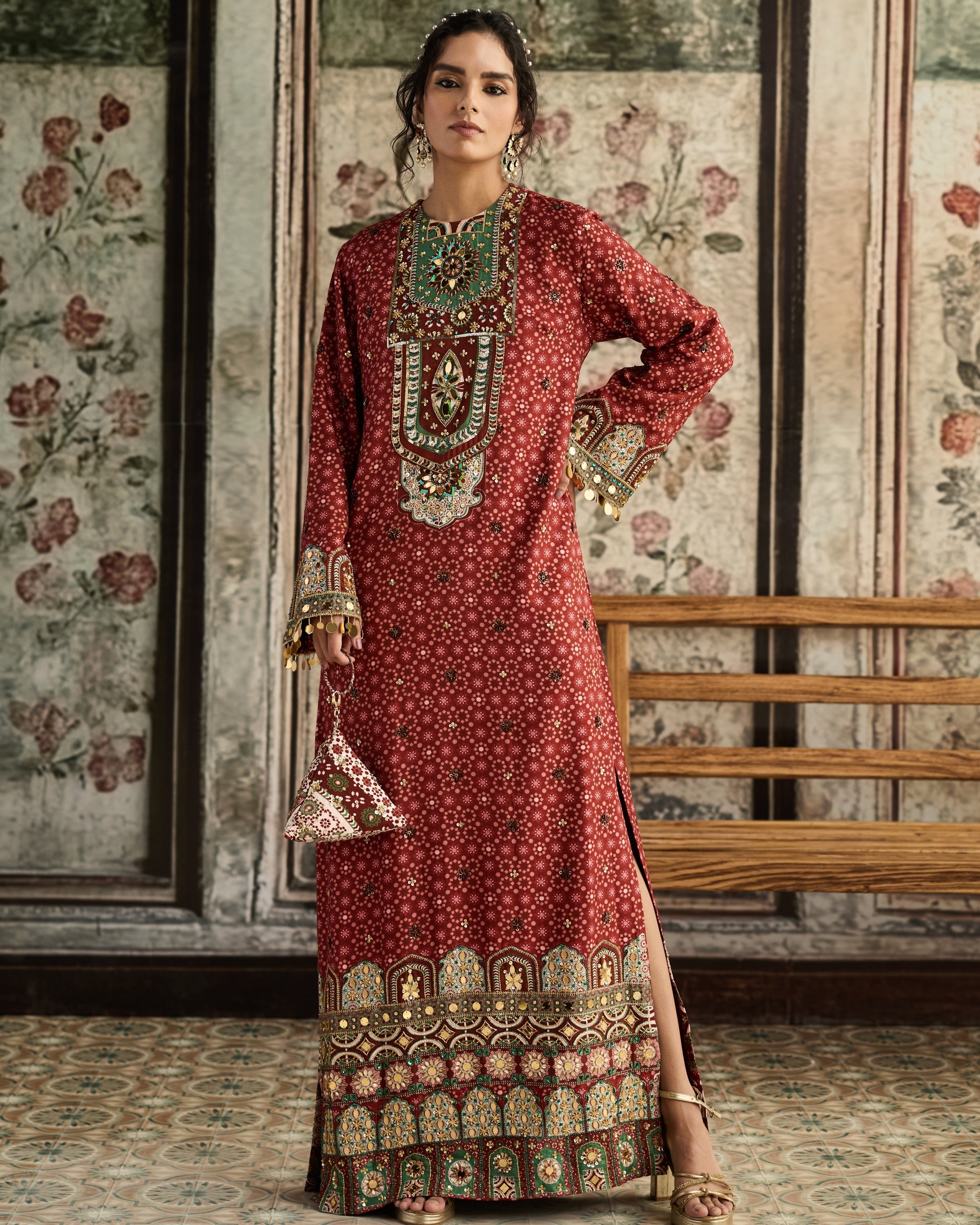 Sage-Maroon Print Kaftan