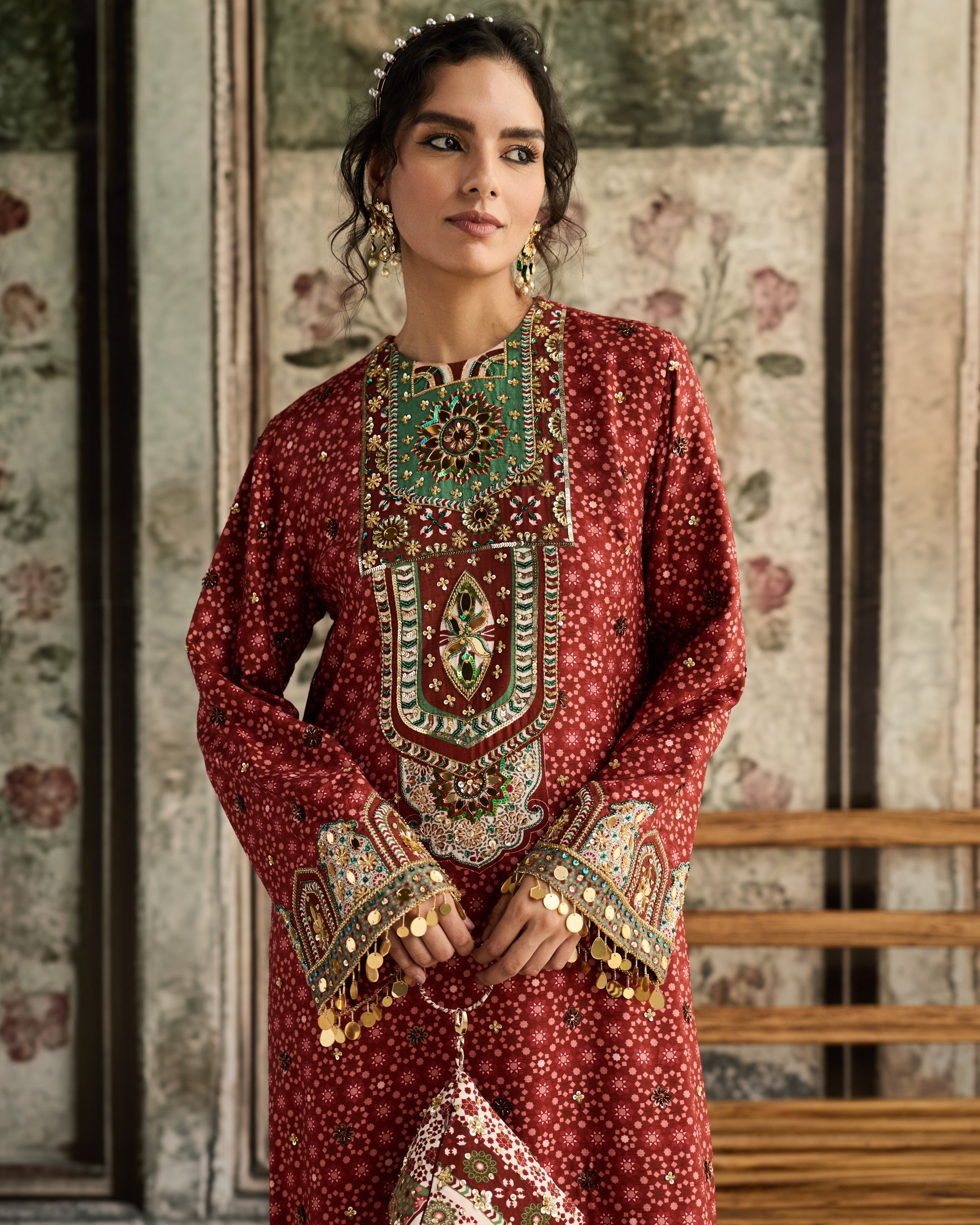 Sage-Maroon Print Kaftan