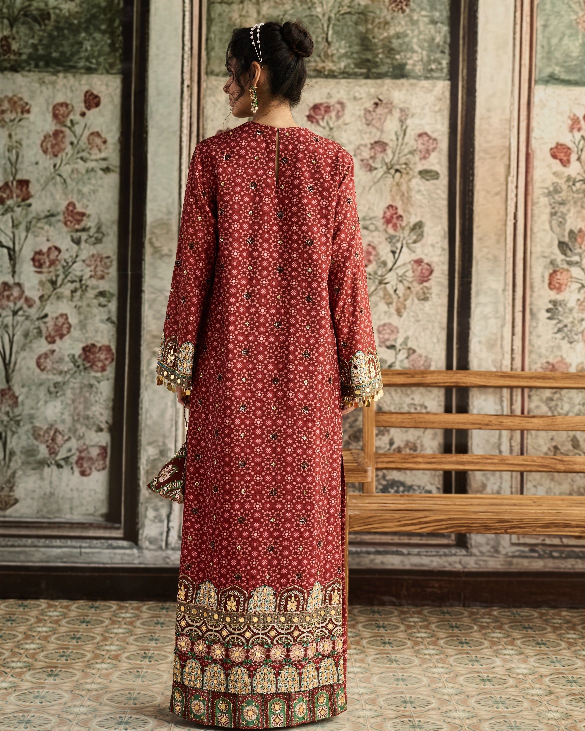 Sage-Maroon Print Kaftan