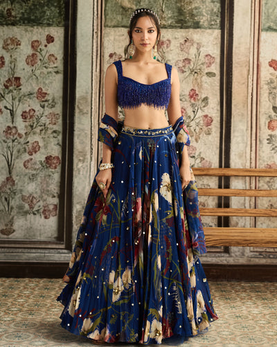 Blue Floral Printed Lehenga Set