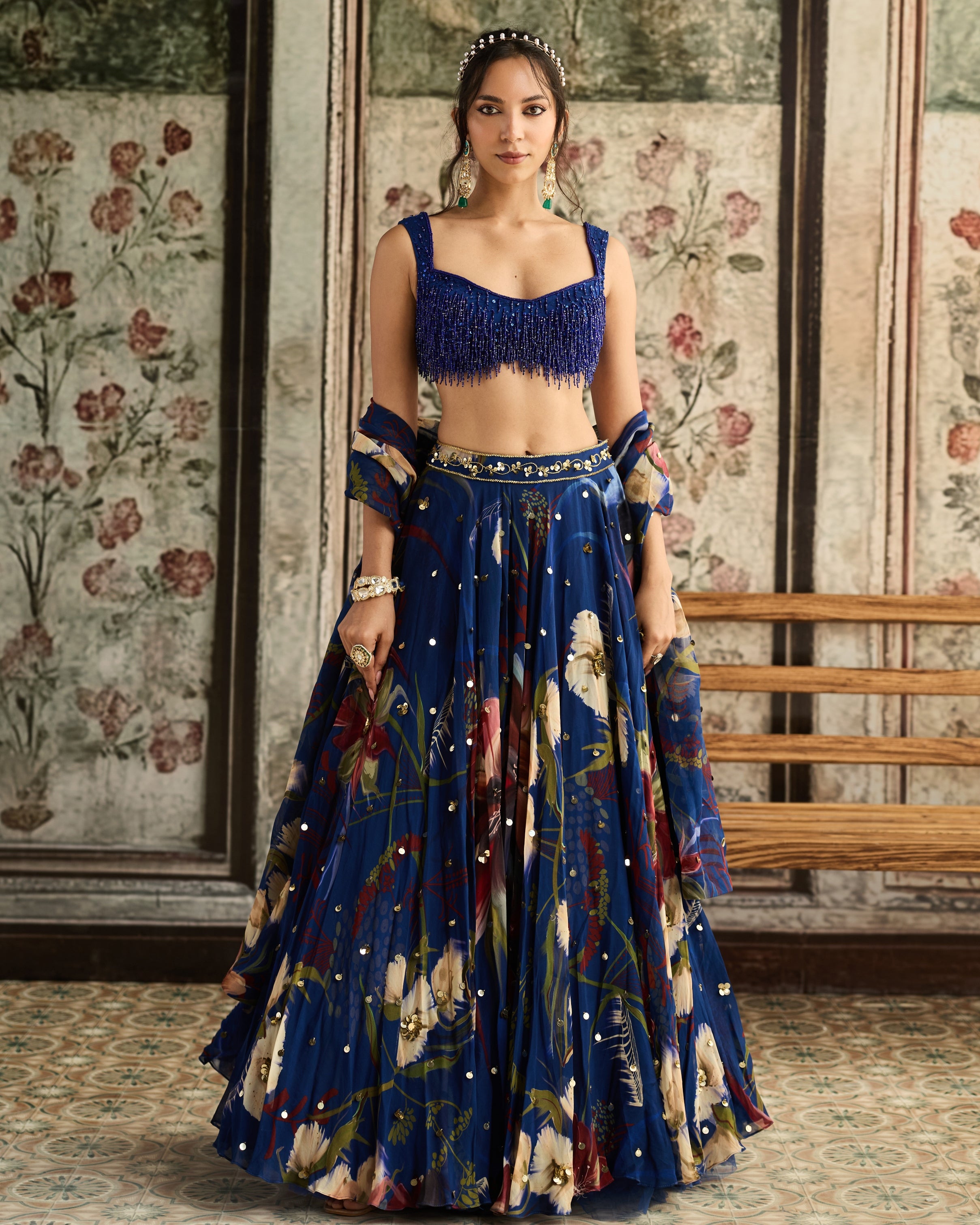 Blue Floral Printed Lehenga Set