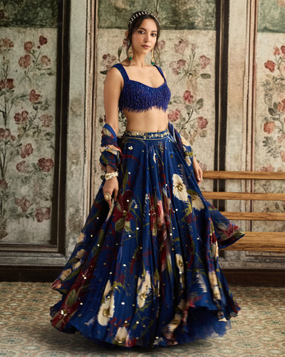 Blue Floral Printed Lehenga Set