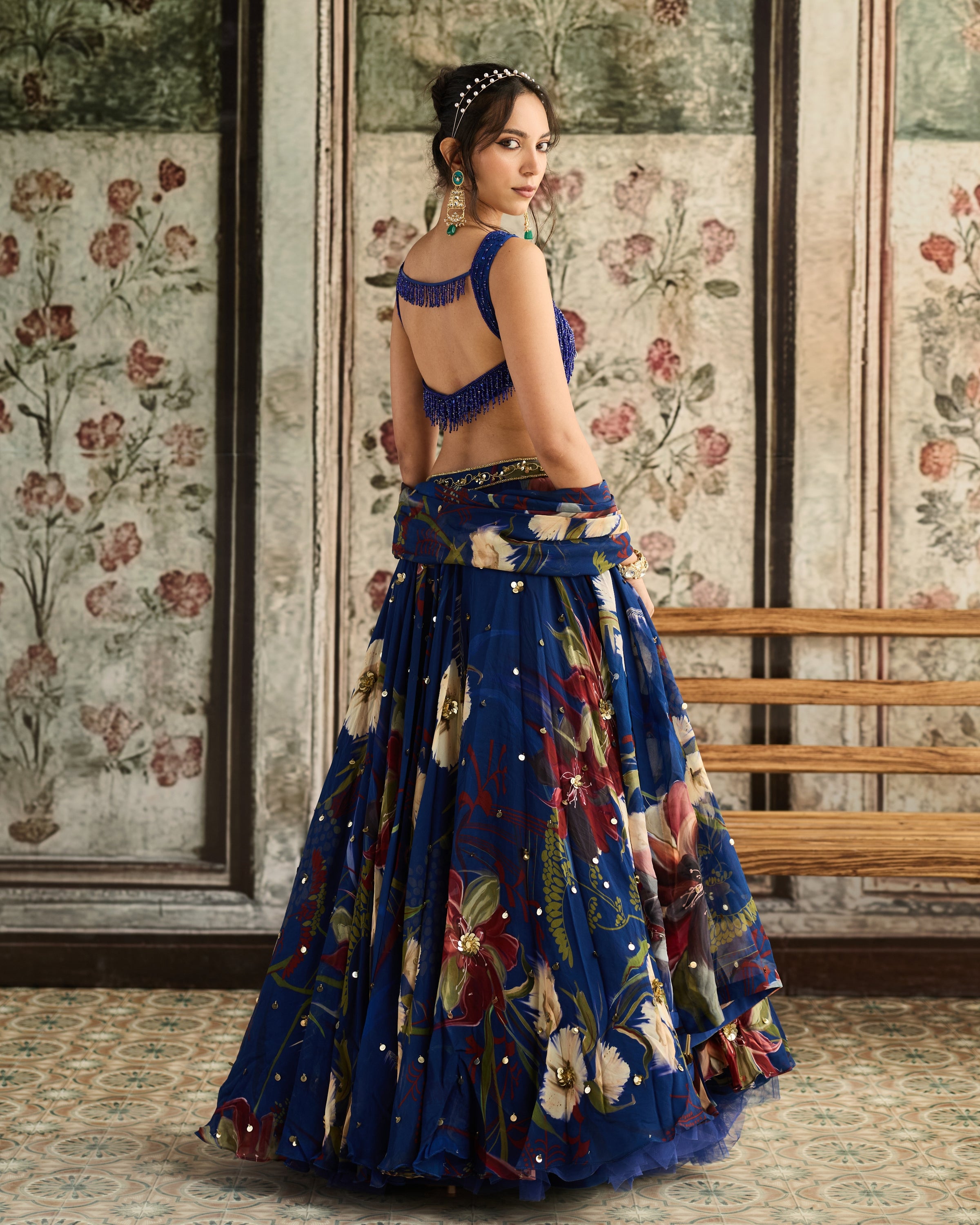 Blue Floral Printed Lehenga Set