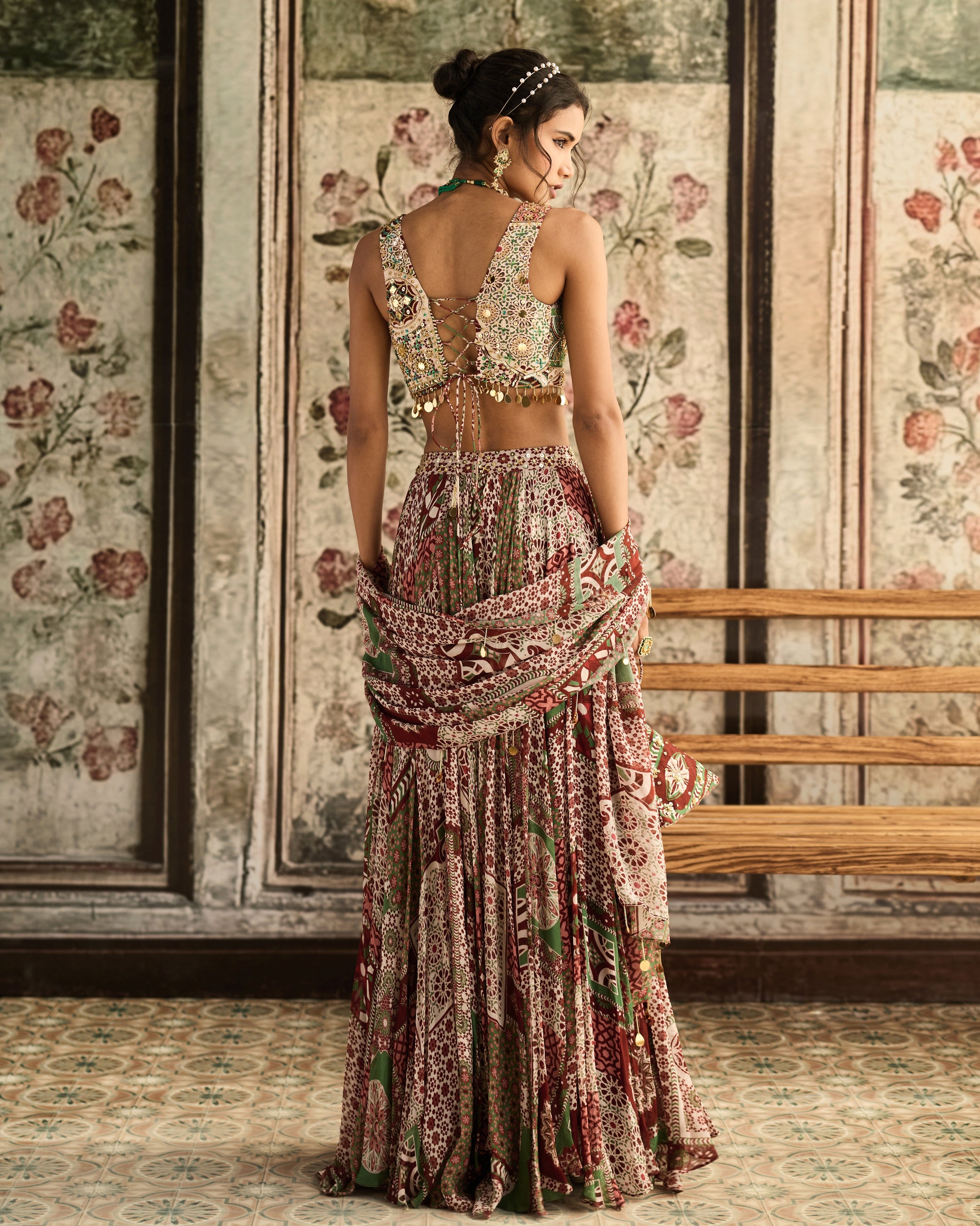 Sage-Maroon Printed Lehenga Set