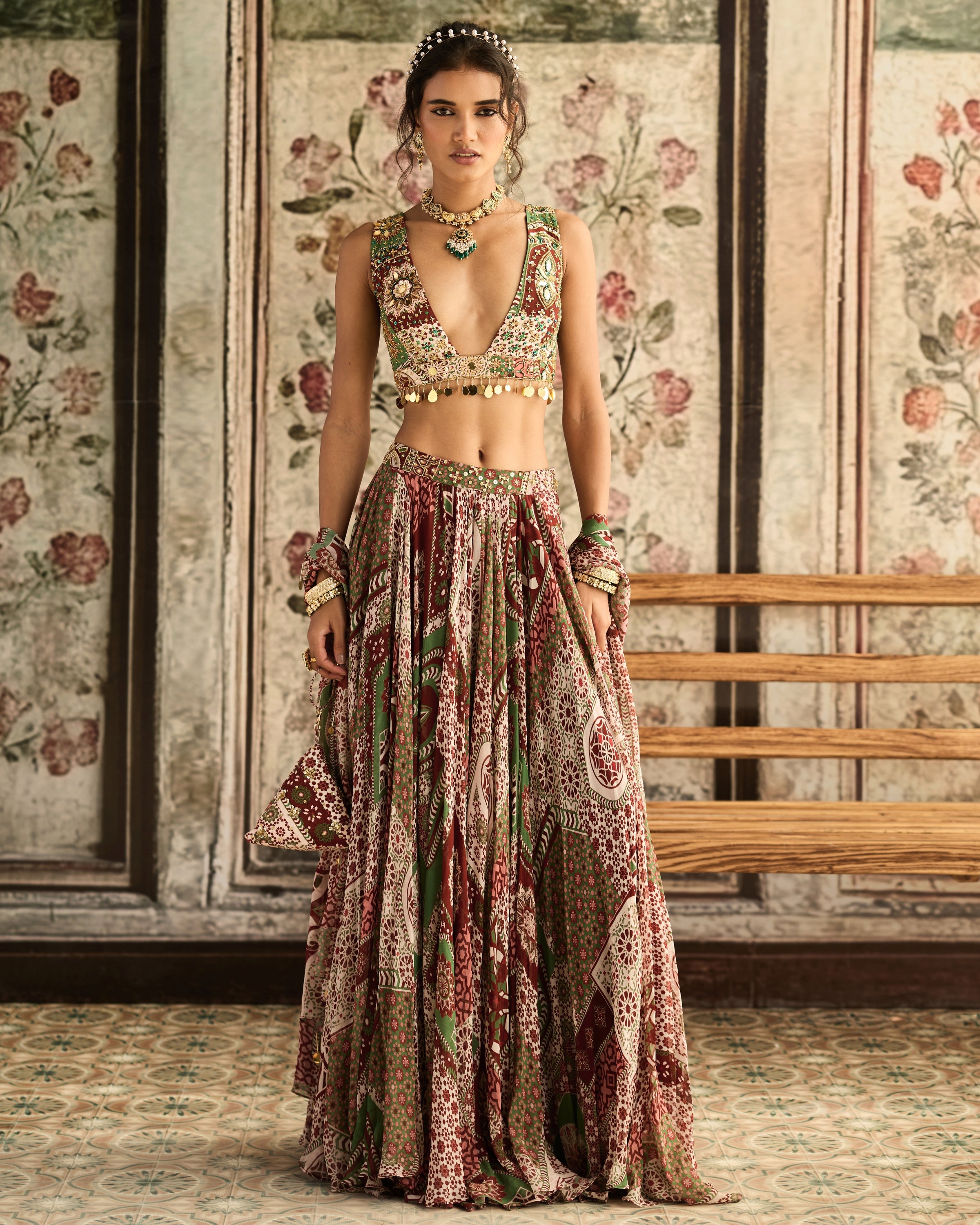 Sage-Maroon Printed Lehenga Set