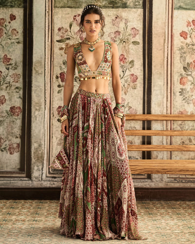 Sage-Maroon Printed Lehenga Set
