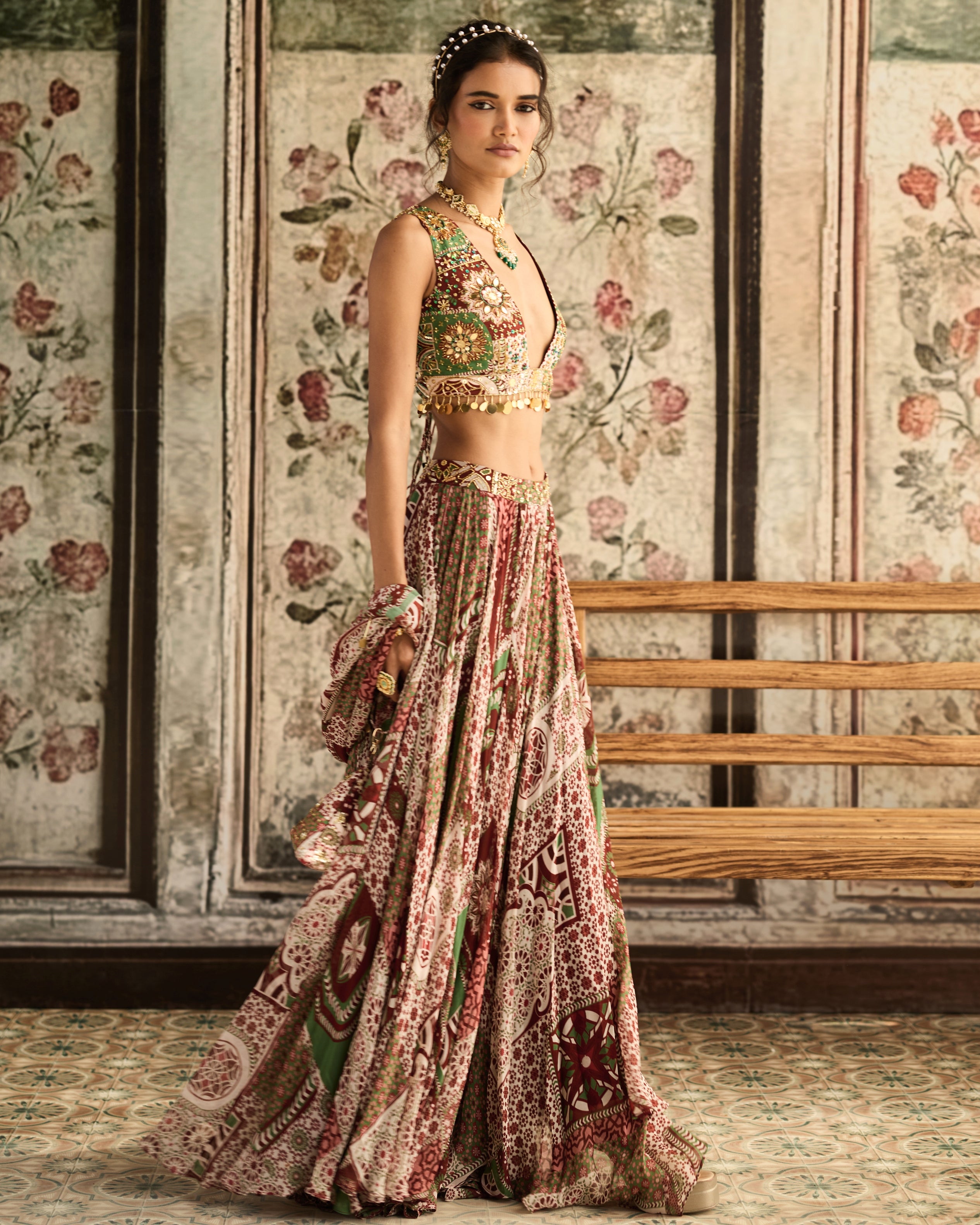 Sage-Maroon Printed Lehenga Set