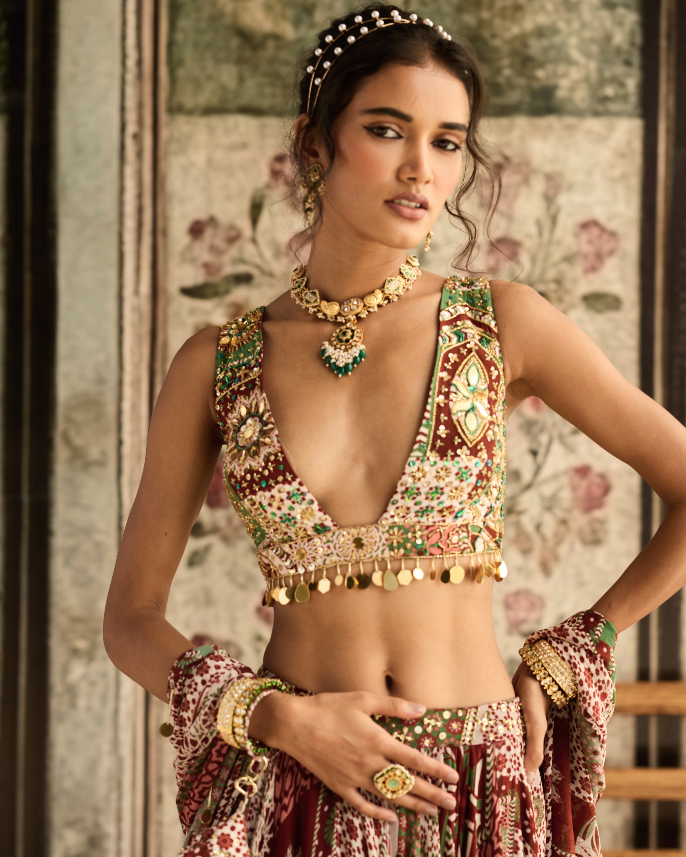 Sage-Maroon Printed Lehenga Set