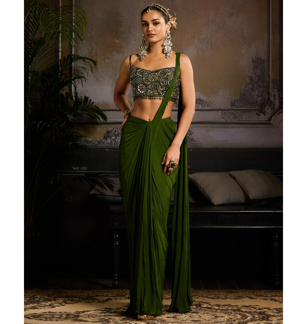 Moss Glow Pre-Draped Sari Set